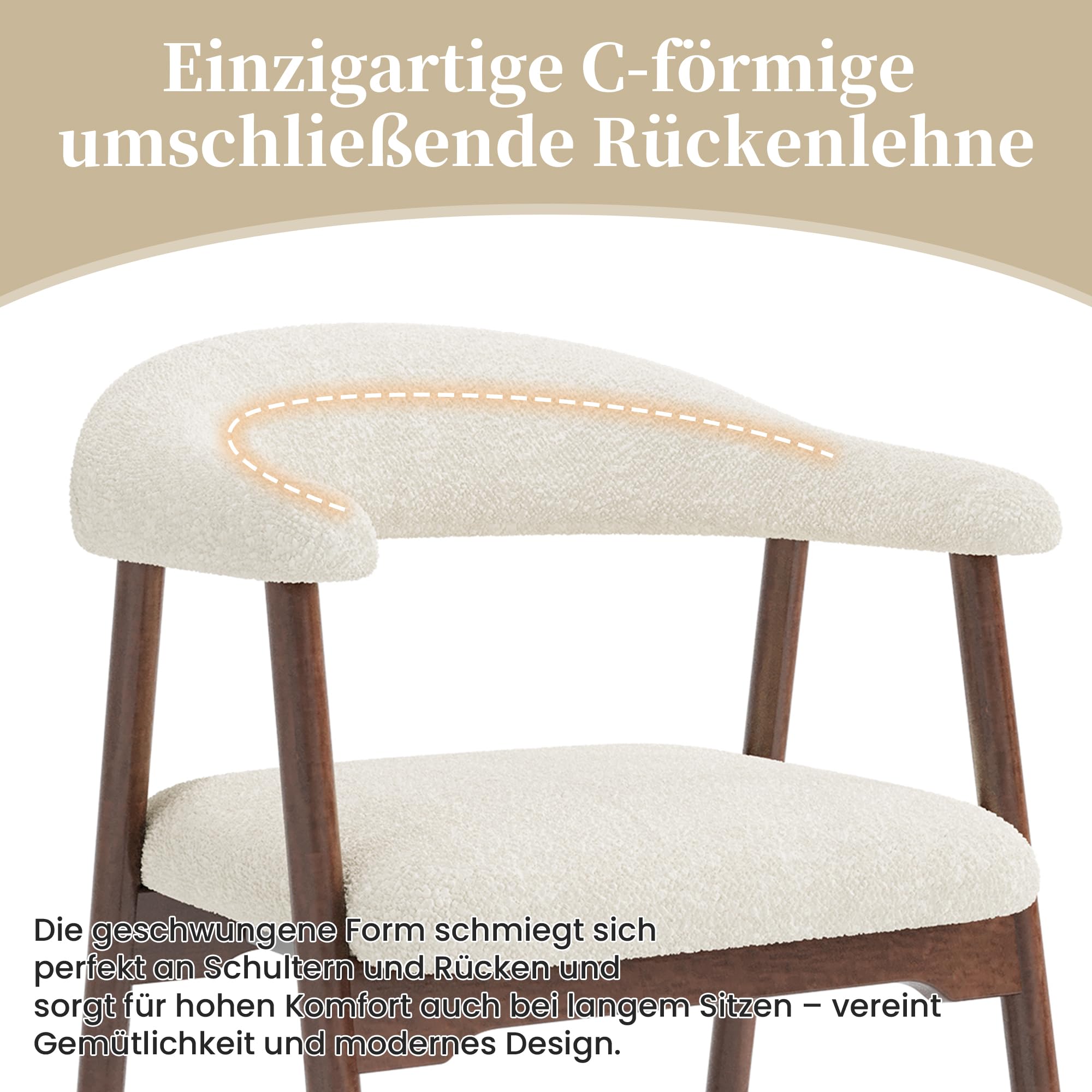 4 Esszimmerstühle aus Massivholz, bequem und atmungsaktiv, geeignet für Esszimmer, Wohnzimmer, Cafés, moderner Stil, Boucle, Walnussholzfarbe + Beige