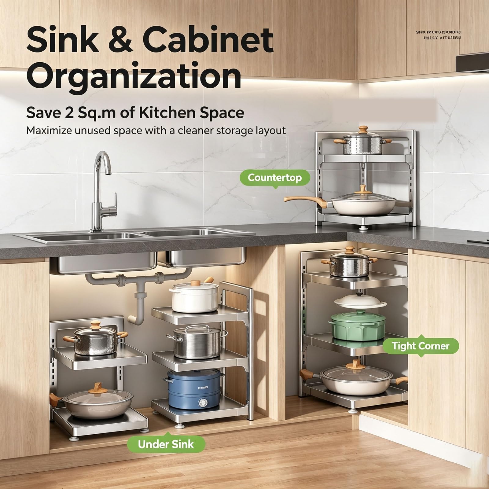 Unterschrank Organizer Edelstahl, Vorratsschrank Organizer Mehrstufig | Küchen Organizer Schrank Höhenverstellbar, Topf Organizer Hoch Belastbar, Schrankregal Abnehmbare Ebenen(4-Tier)