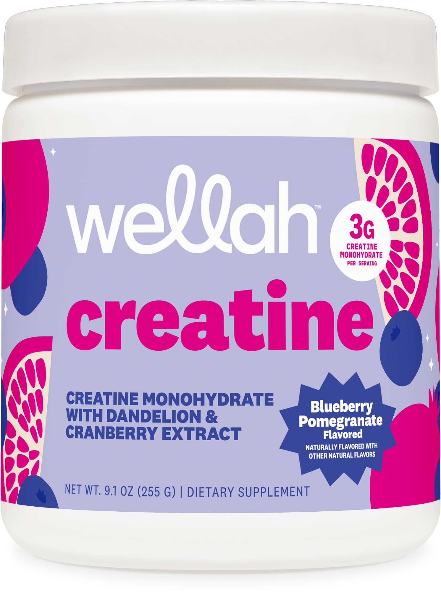 Wellah Creatine for Women - Creatine Monohydrate with Dandelion & Cranberry Extract (50 Servings, Blueberry Pomegranate)
