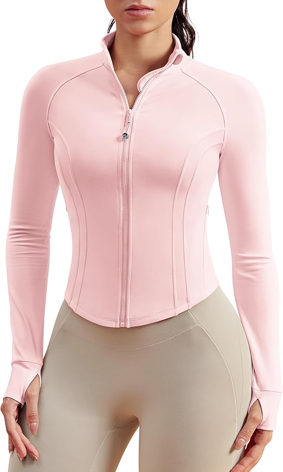 QUEENIEKE BareLuxe Womens BBL Jacket with Pockets, Snatched Fit Zip Up Athletic Cropped Jackets for Women Thumbholes