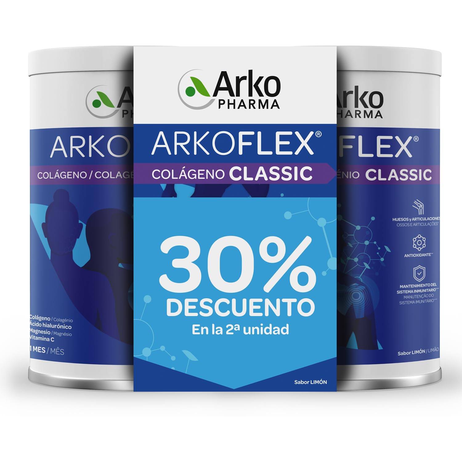 Arkopharma Arkoflex Colágeno Classic Limón Pack 60 Días 40% Descuento Segunda Unidad, Bote 360 gr, Buen Funcionamiento de Huesos, Cartílagos y Piel, Ácido Hialurónico, Magnesio y Vitamina C