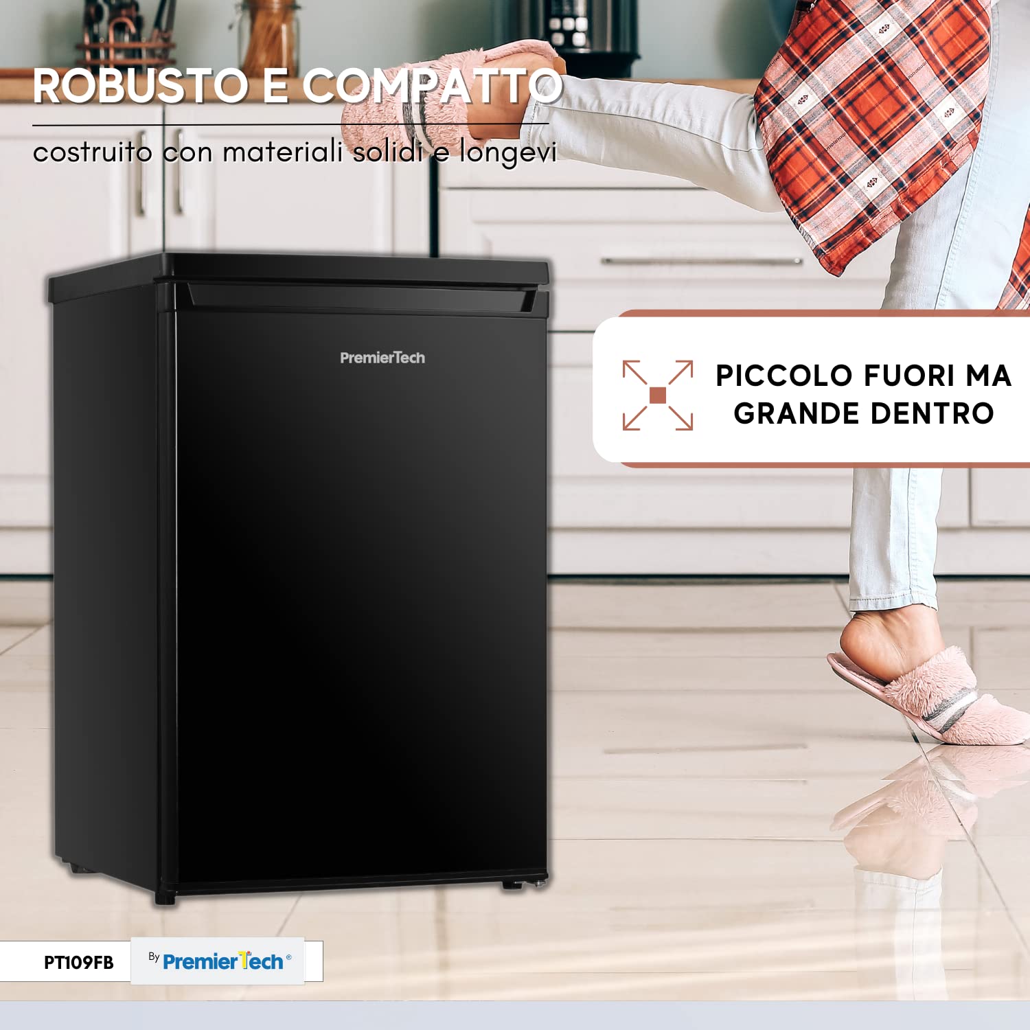 PremierTech, Frigorifero con congelatore 109 Litri, Frigo, Hotel, Ufficio Casa, Porta Reversibile, Sotto Tavolo, Classe Energetica E, Temperatura Regolabile, Libera Installazione, Nero, PT109FB