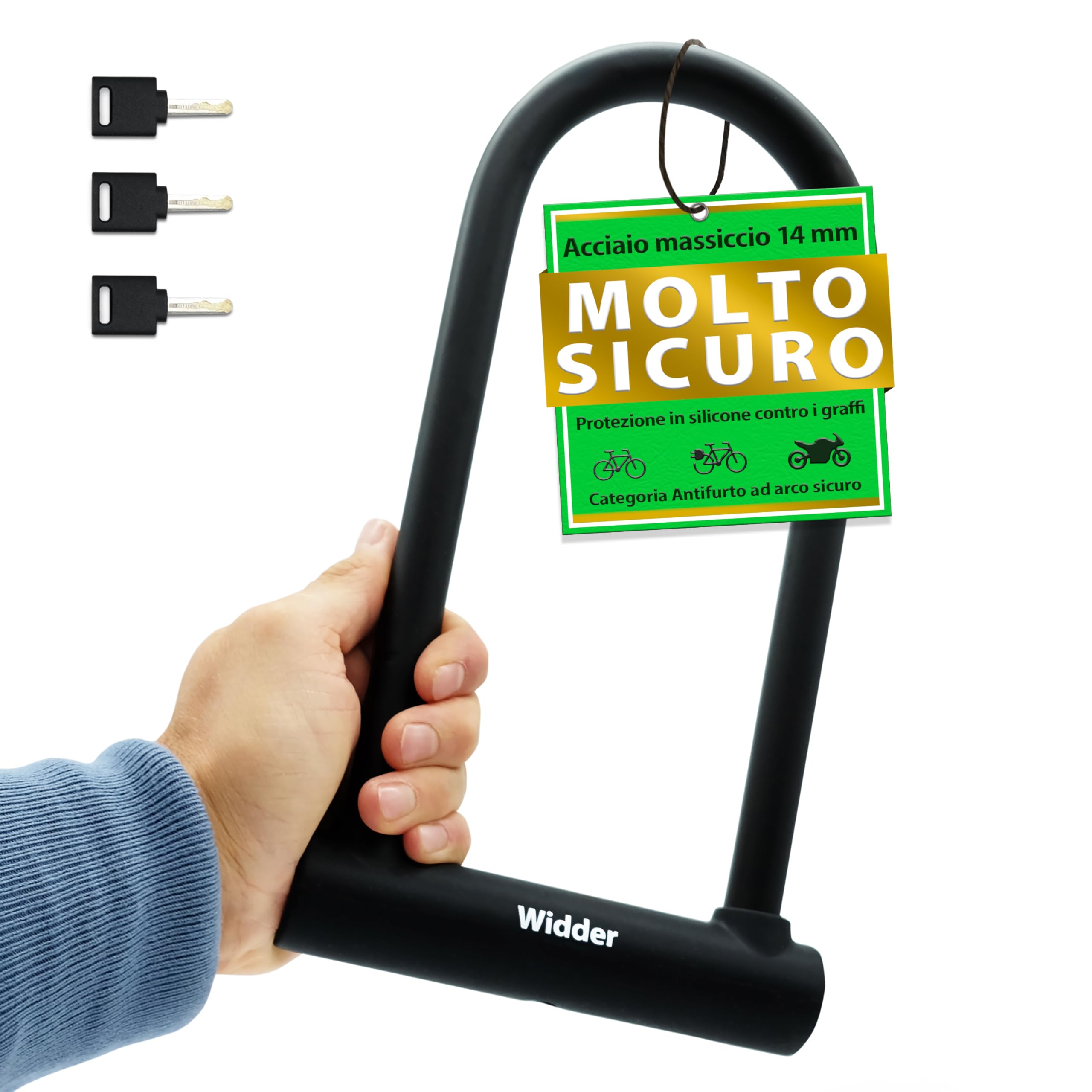 WIDDER Antifurto ad arco bici estremamente sicuro [Acciaio cromato Livello di sicurezza 15] Arco massiccio 18 mm, Lucchetto 64 cm circonferenza con Supporto & 3 chiavi, Antifurto e‑Bike & e‑Scooter