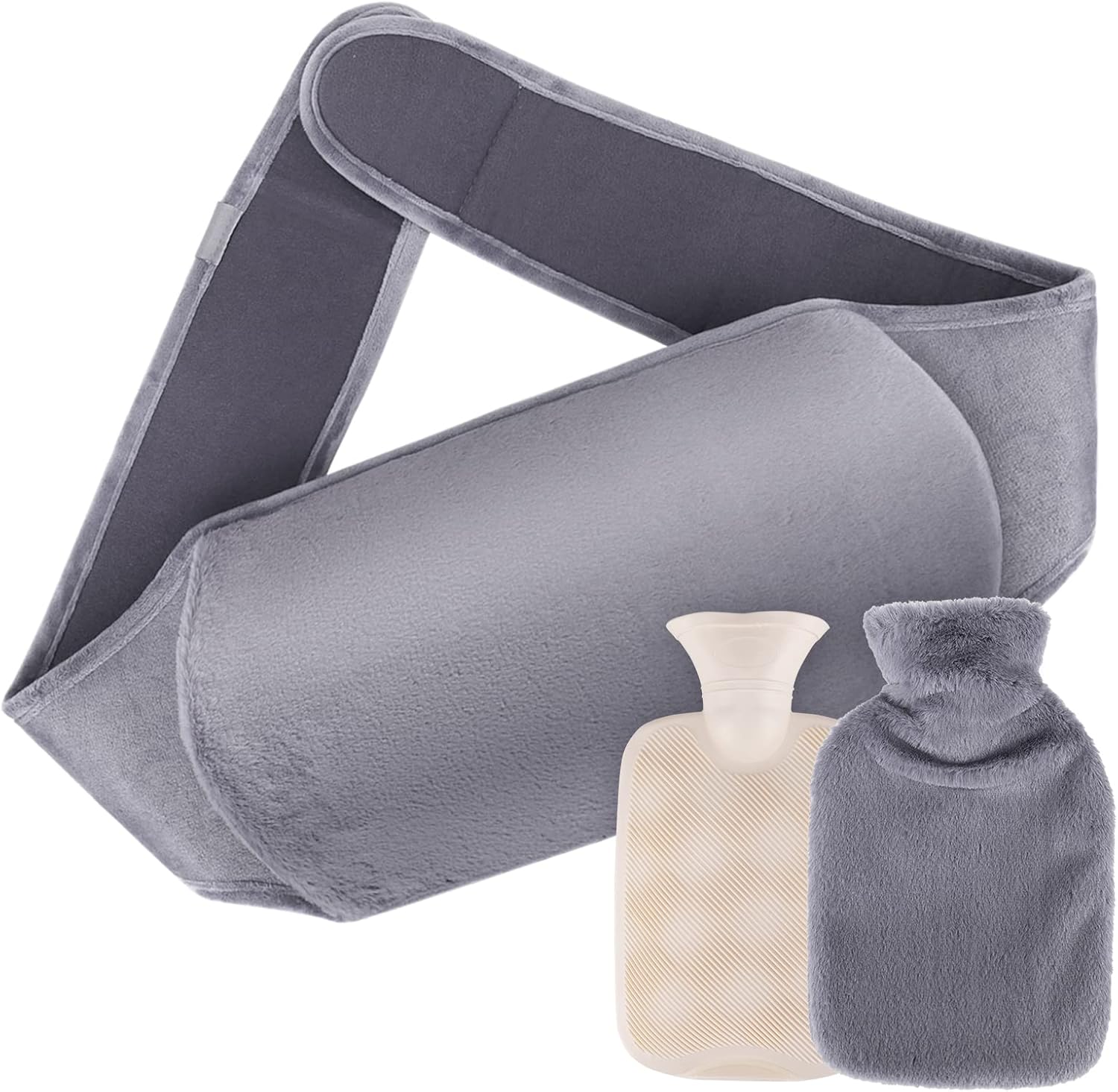 Bolsa de Agua Caliente con Funda, Bolsa de Agua Caliente con Cubierta Esponjosa apa de la botella tejida extraíble y lavable para el alivio del dolor de espalda, cuello, hombros Gris Oscuro