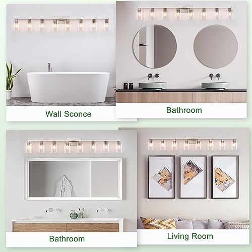 Miniatura 6 de Lámparas de baño de 8 luces, lámpara de tocador moderna de níquel cepillado, luces de pared de granja con pantalla de vidrio transparente, lámpara