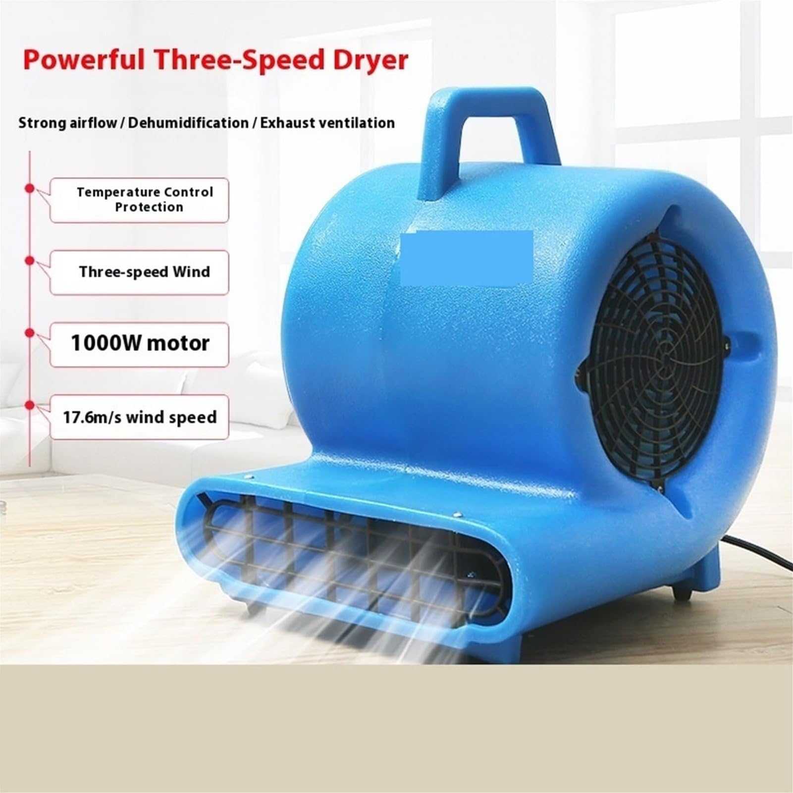 Soplador eléctrico, motor de aire de 3 velocidades, 1HP 4000+ CFM, secador de suelo y alfombras, ventilador de alta presión para deshumidificación en inodoros, hoteles y centros comerciales