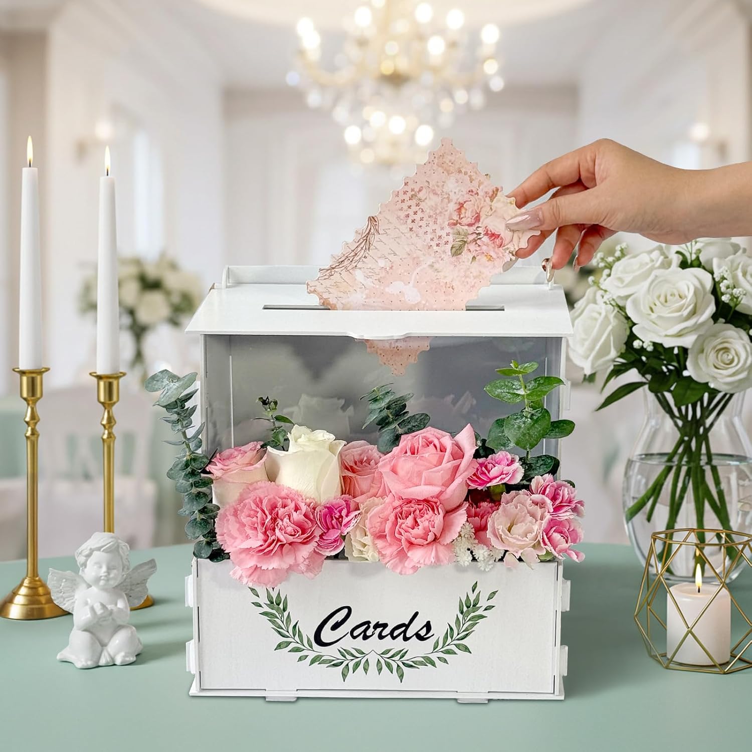 OurWarm Wooden Wedding Card Box with Acrylic Board & Flower Trough, White Gift Card Box for Wedding, Envelope Boxes for Gifts Bridal Shower Decorations Party Reception Anniversary Baby Shower