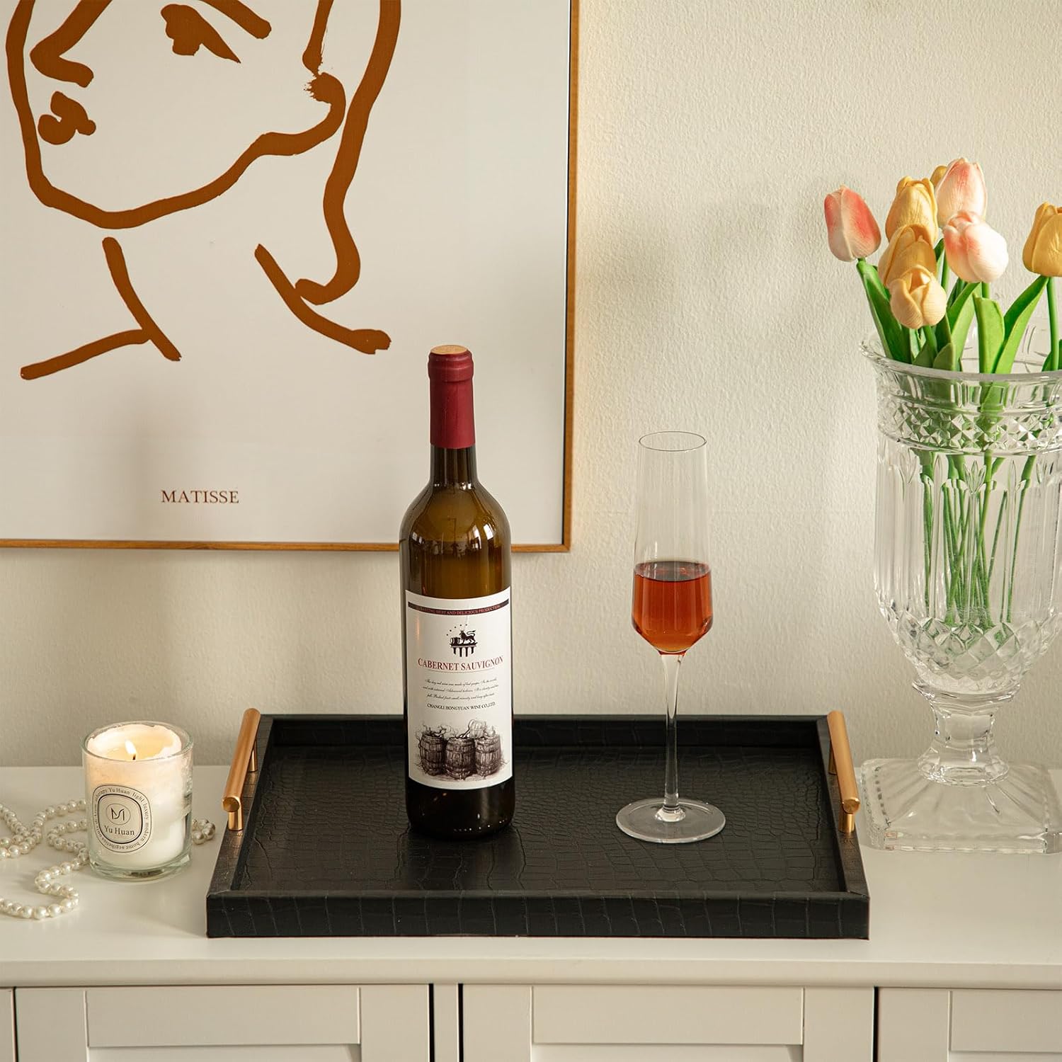 Modern Elegant Large Wood Serving Tray, Set of 2 Black Crocodile Leather with Gold Polished Metal Handles, Home Decorative Rectangle Ottoman Decor Platter Living Room Bathroom Vanity Tray