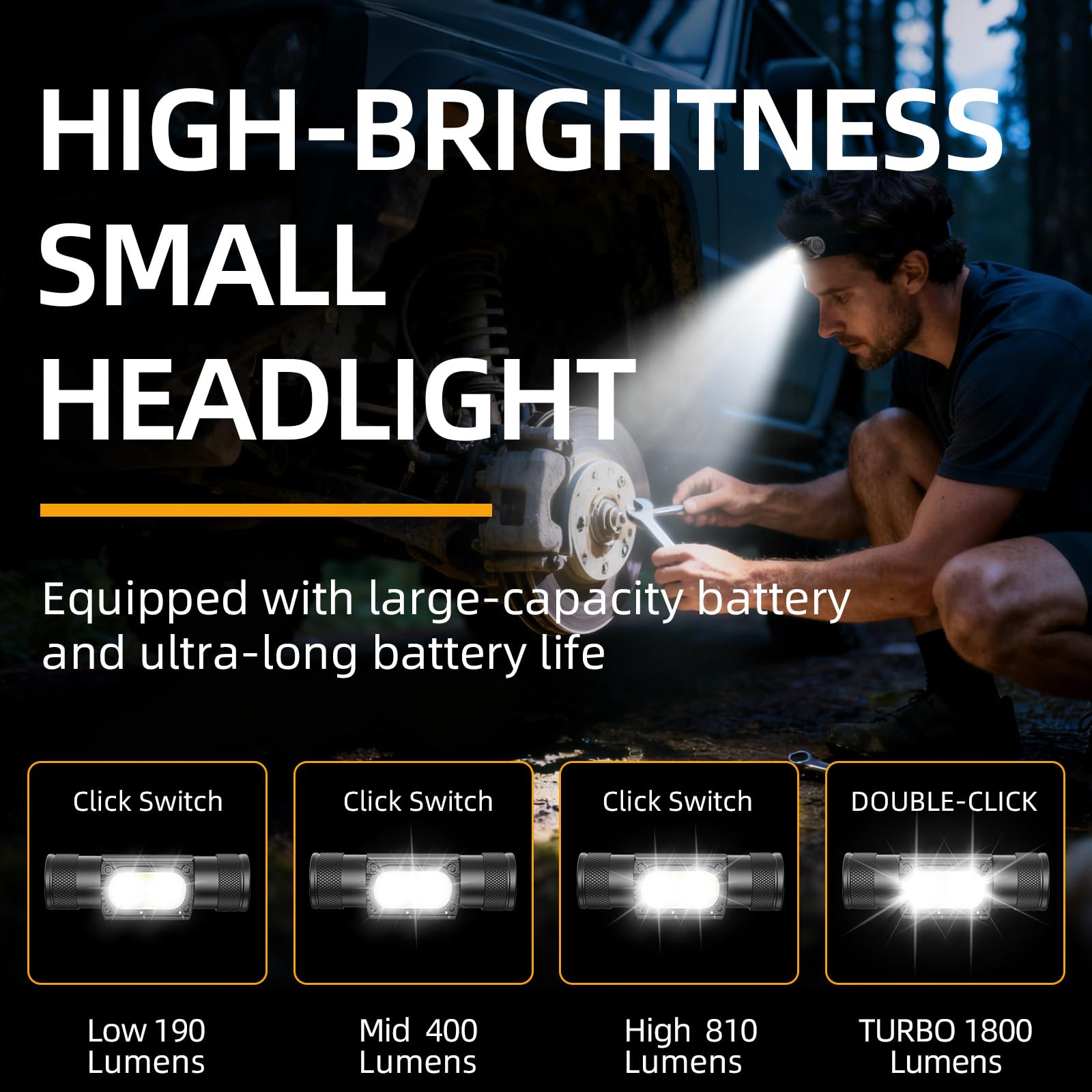 Lampe frontale rechargeable, 1800 lumens, super lumineuse, légère, 0,1 kg, 3200 mAh, 7-65 h, étanche IPX4, pour promener le chien, camping, randonnée et chapeaux durs