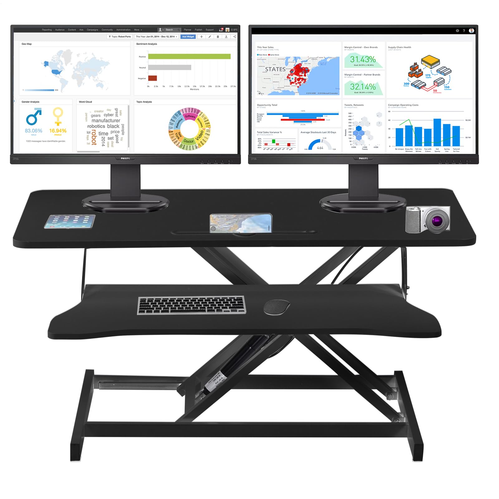 Generico Convertitore da scrivania da 38", altezza regolabile, postazione di lavoro per 2 monitor e laptop con ampio vassoio per tastiera, postazione di lavoro per ufficio in piedi, nero