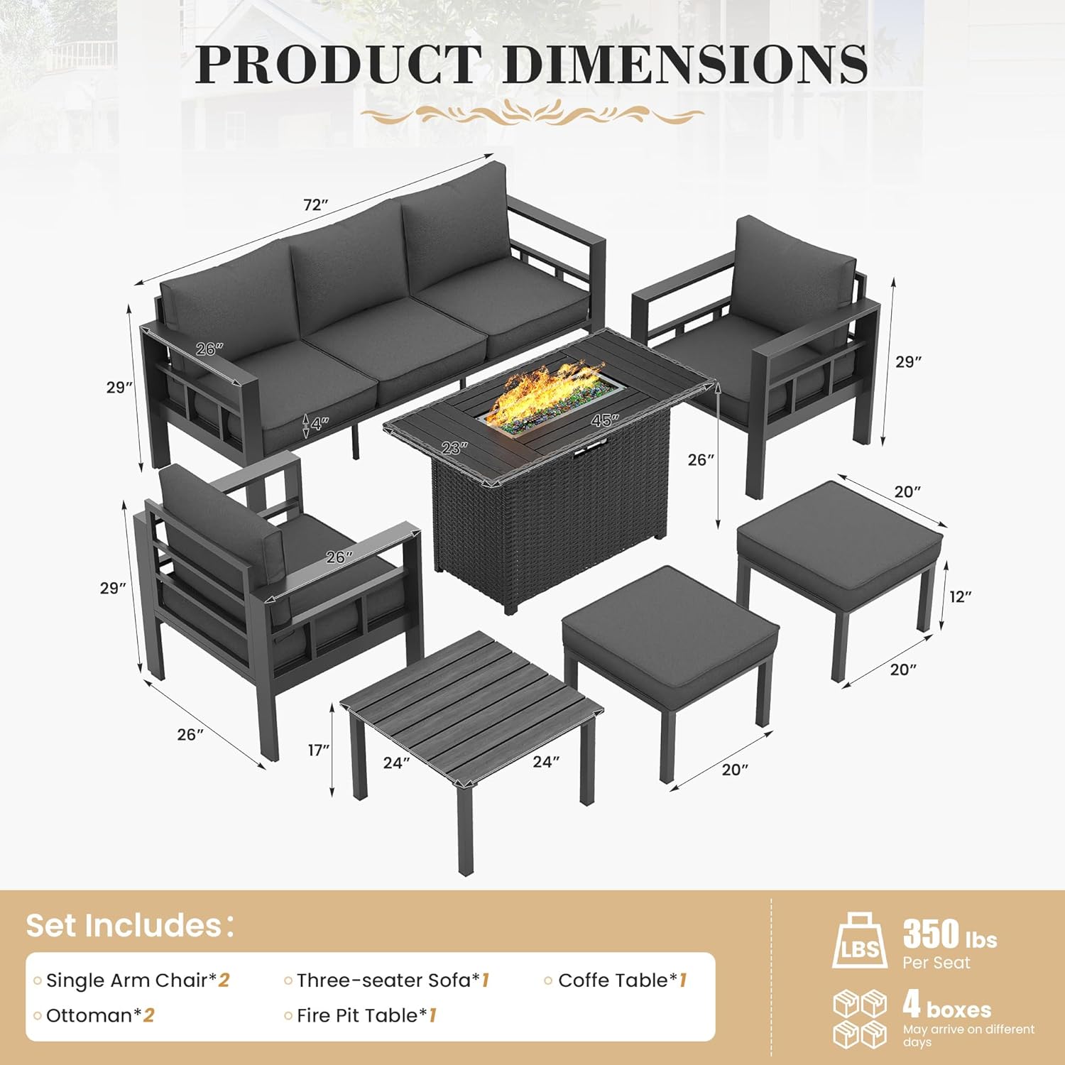 UDPATIO Aluminum Outdoor Furniture Set with 2 Ottomans and Fire Pit Table, 7 Pieces All-Weather & UV-Resistant Patio Sectional Sofa Set for Deck, Backyard, Poolside, Dark Gray