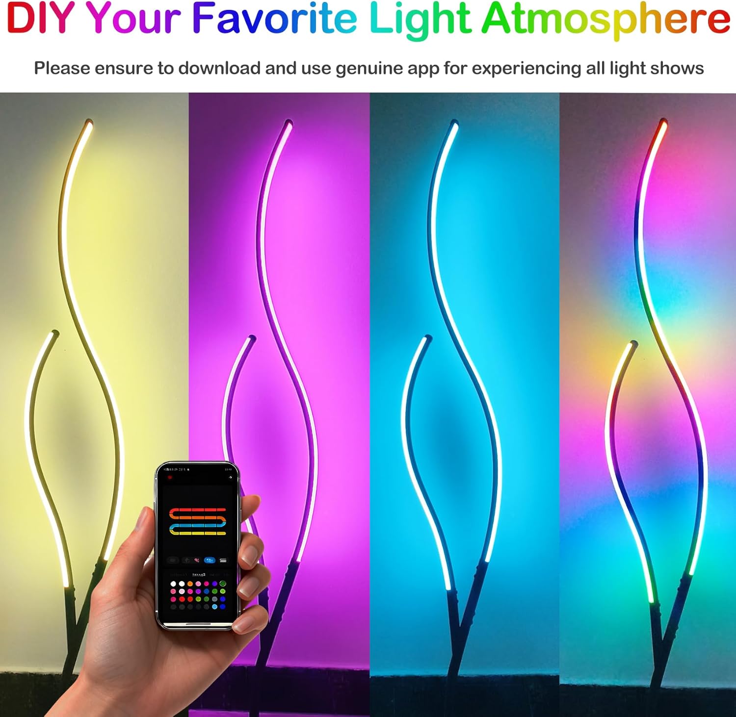 DAYCENT RGBWIC Floor Lamps Modern Smart Corner Lamp with APP and Remote 1500 Lumen LED Lights with Music Sync, 16 Million DIY Colors, Scene Modes Ambience Light for Bedroom Living Room Black