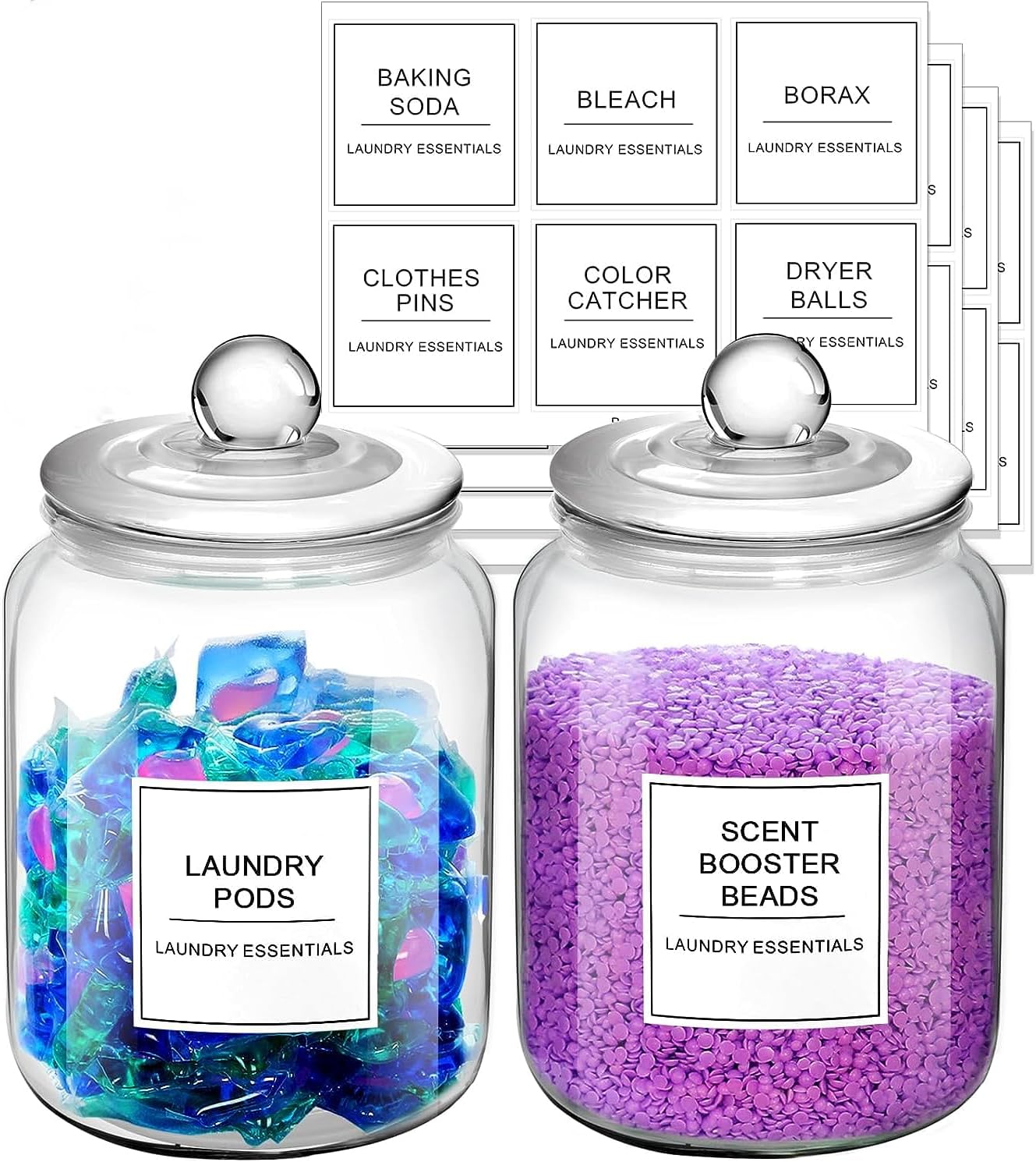 2 Pcs Glass Jars for Laundry Room Organization, 1/2 Gallon Glass Laundry Pods Container,Glass Containers with Lids Storage Labels, Suitable for Detergent Powder,Dryer balls,Scent Boosters,Laundry Room