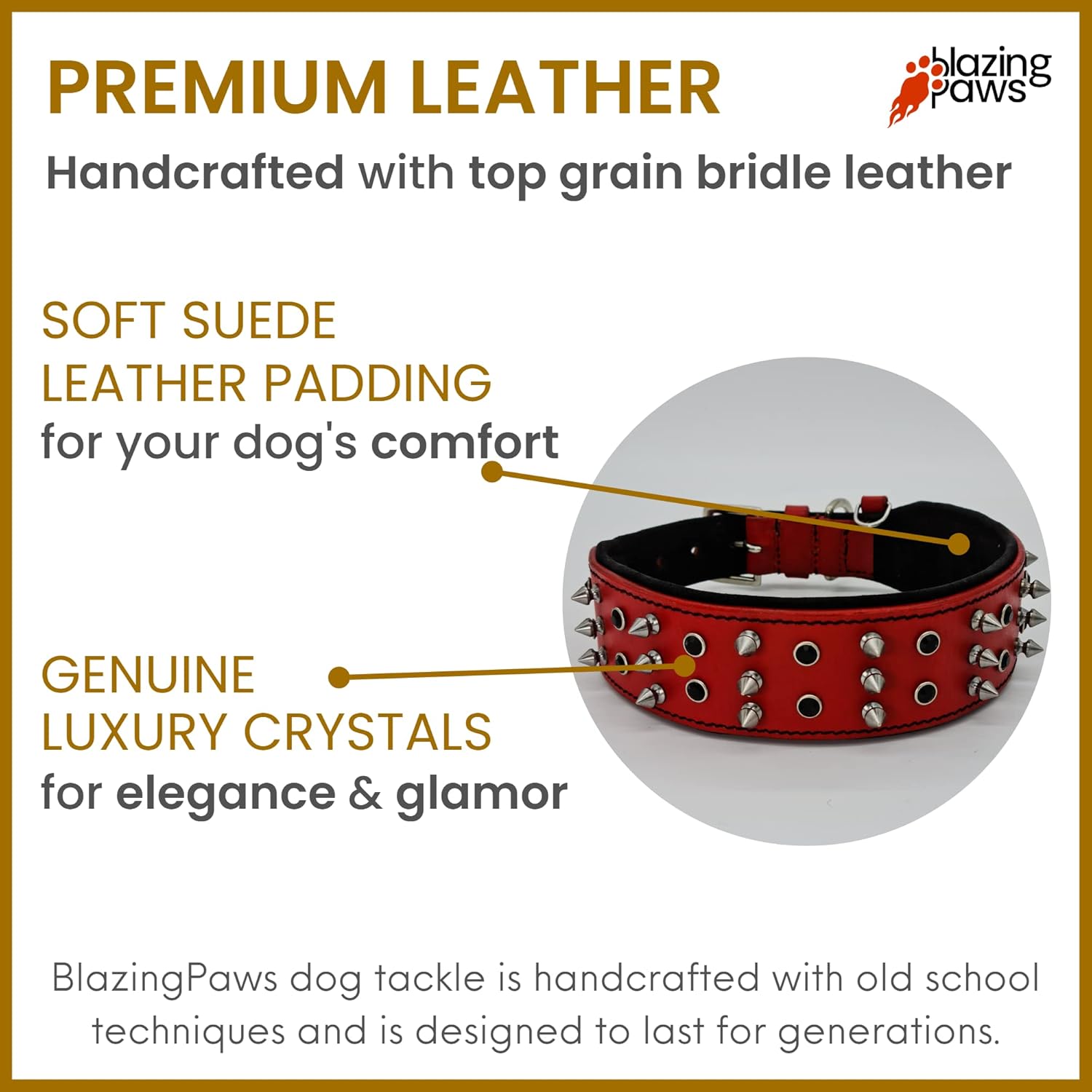 BlazingPaws® Sabrington 2 inch Wide Luxury Spike Leather Dog Collar for Large Dogs with Screw-on Spikes in Premium Red Bridle Leather and Soft Suede Leather Padding (Neck Size: 15-18 Inches, Red)