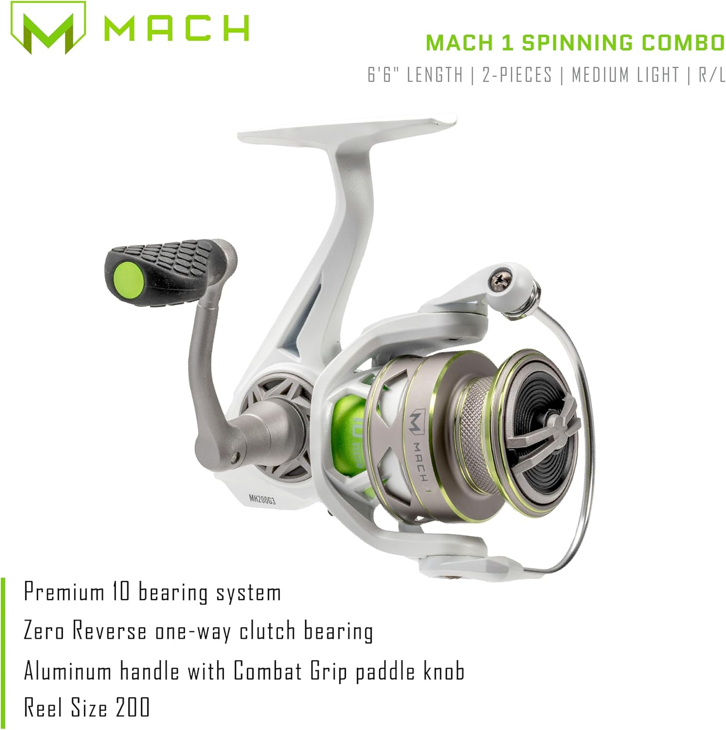 Lew's MACH 1 Spinning Fishing Reel, 9+1 Bearings, Graphite Frame, Speed Gears, Speed Lube, Multi-Disc Drag, Metallic White/Gray/Green