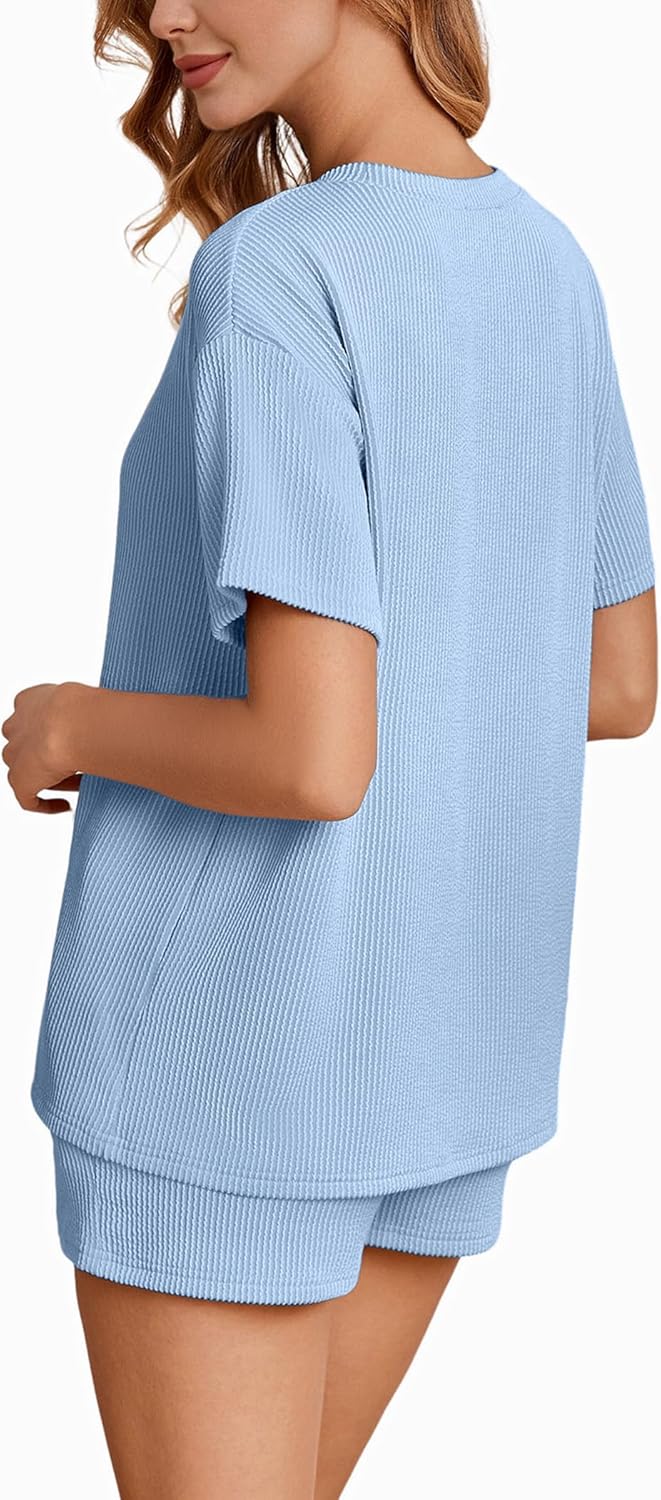 Ekouaer Short Sets for Women 2 Piece Outfits Summer Loose Lounge Set Ribbed Textured Knit Short Sleeve - Image 4