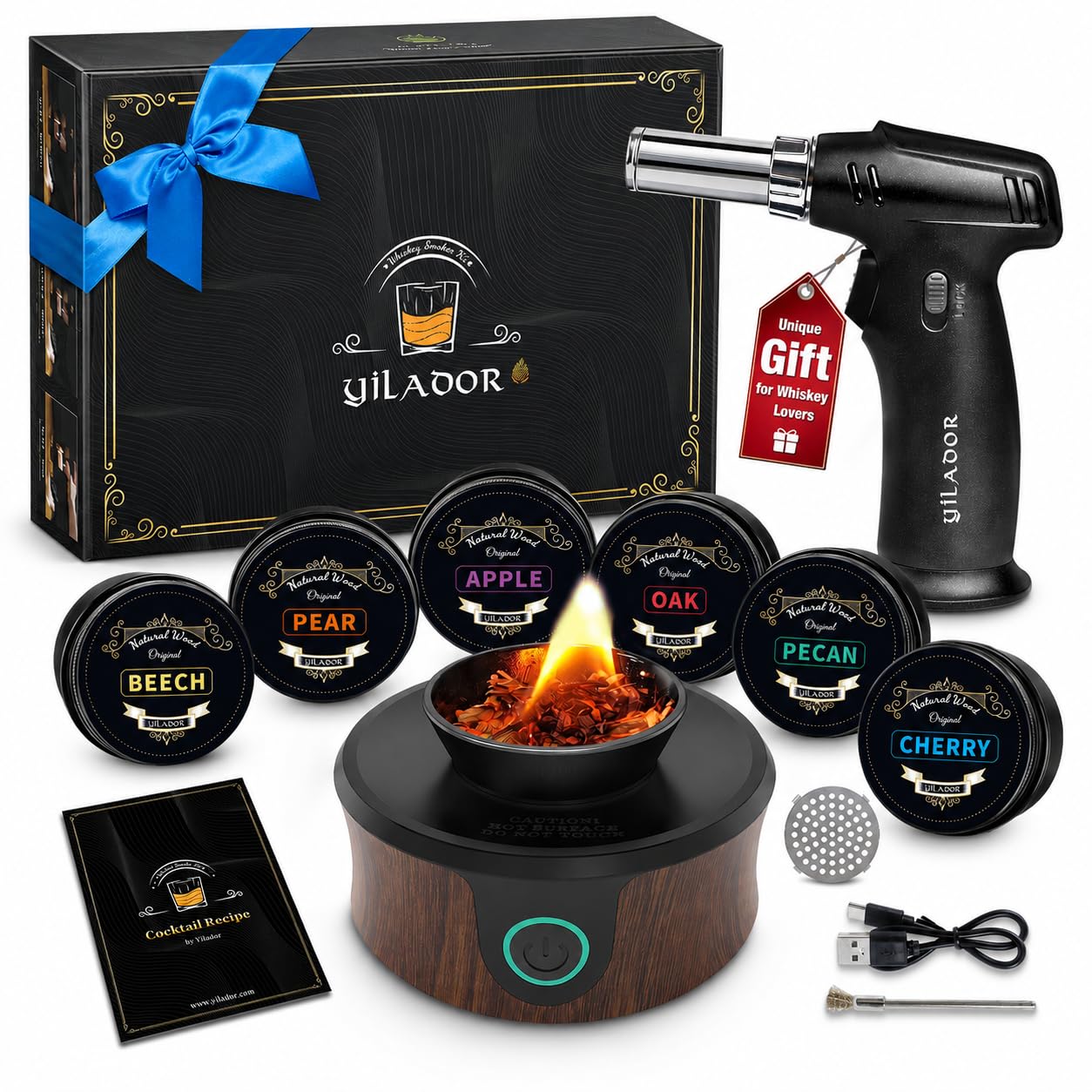 Electric Whiskey Smoker Kit with Torch, Unique Home Bar Gift for Whiskey Lover, 6 Wood Chips – Infuse Rich Smoky Flavors in Bourbon Old Fashioned &amp; Cocktails, Birthday Gifts for Him, Dad(No Butane)