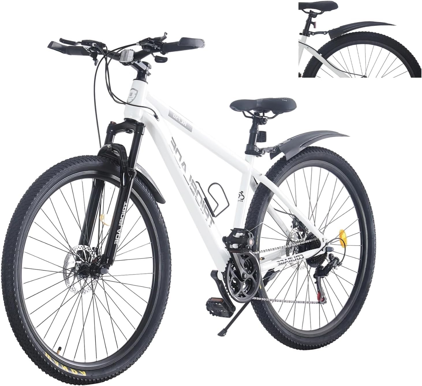 LSBIKE 24 26 27.5 29Inch Mountain Bike 21 Speed Drivetrain Hardtail Bicycle Mens Women Mountain Bike With Shock Lightweight Sport Cycling Bike for Adult with Mudguard MTB Bicycle (White, 24inch)