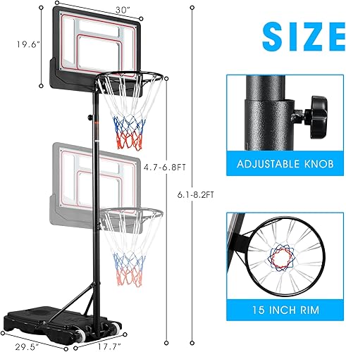 Miniatura 6 de Aro de baloncesto portátil para exteriores, 4.7-6.9 pies4.4-10 pies, aro de baloncesto ajustable para niños y adultos en exterioresinteriores, con