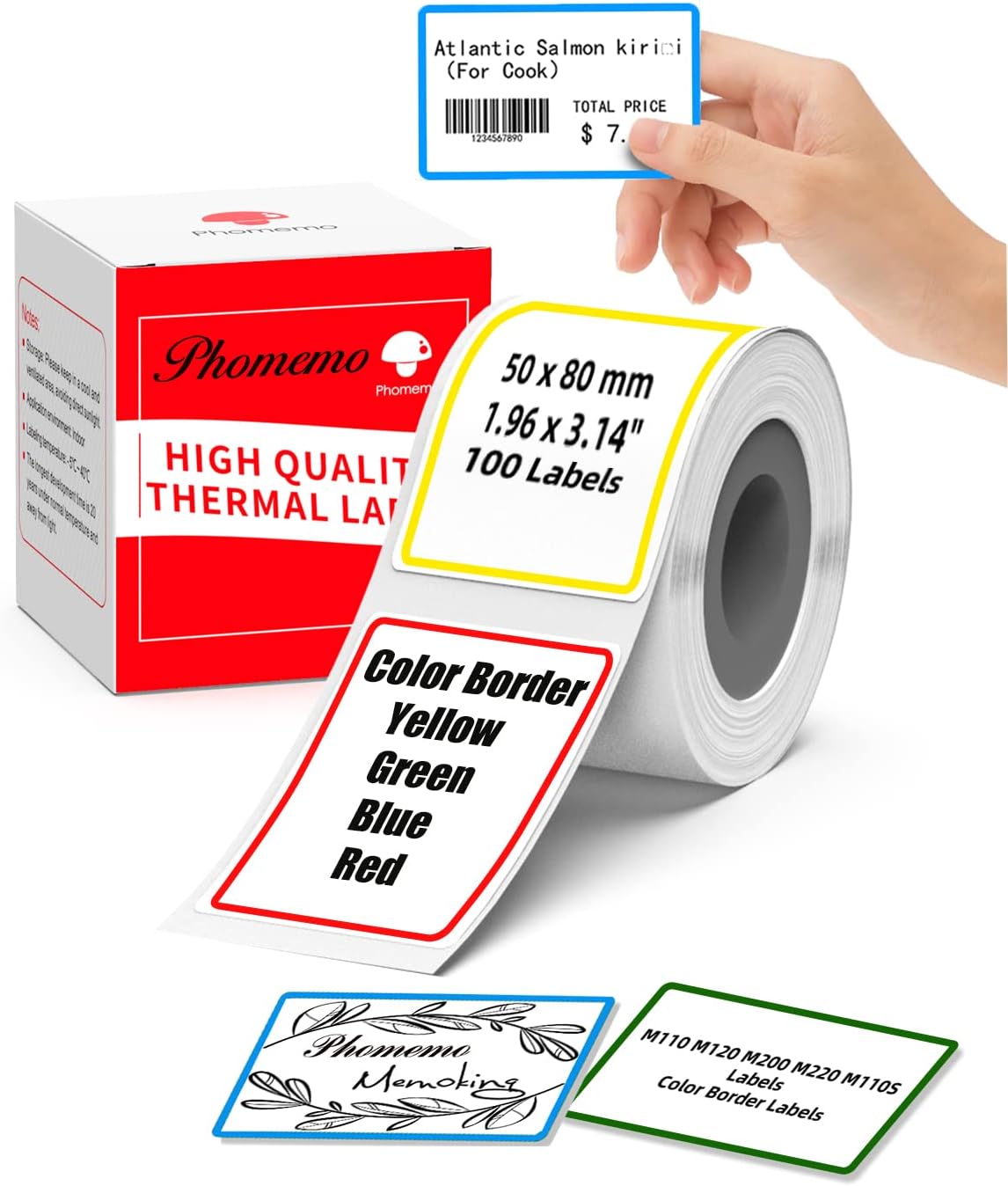 Memoking M200 Thermal Label Sticker 1.96" x 3.14" (50 x 80mm) for Thermal M110S M220 M200 M120 M110 Printer Labels - Thermal Sticker Label Compatible with Phomemo Label Maker - 100 Labels, 4 Colors
