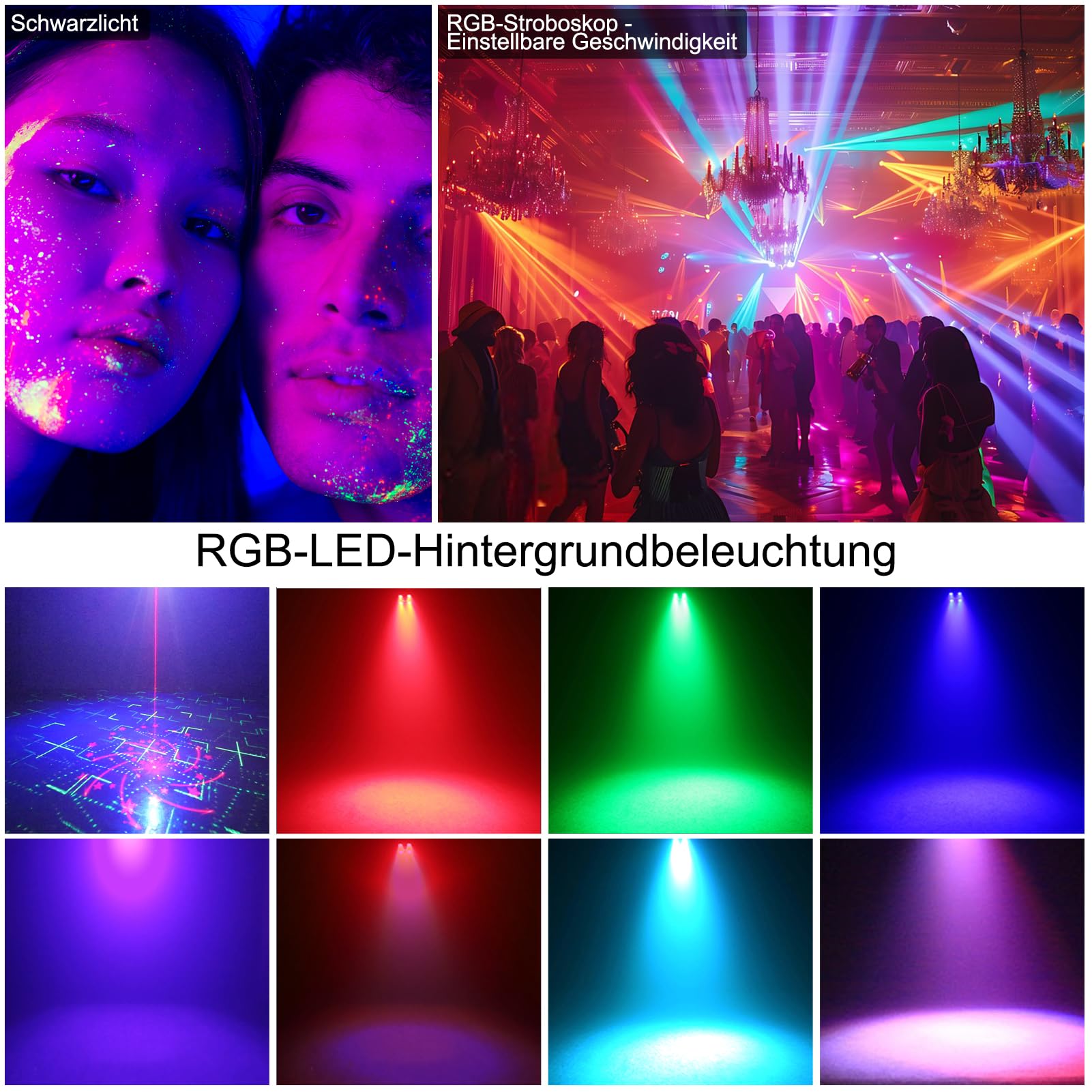 4 in 1 Discokugel, Fwiull DJ Discolicht Partylicht 65 Muster, Musikgesteuert Disco Party Licht, RGB UV Stroboskop, Sprachsteuerte Party Lampe mit 2M USB für Party Fest Klub Halloween Weihnachten