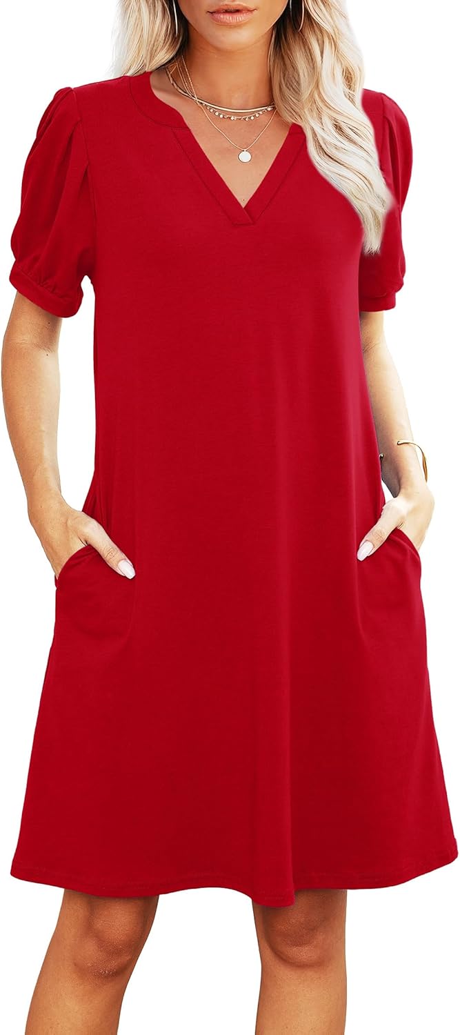 RUMIA V-Neck Summer Casual Sundress for Women- Short Sleeve Swing Beach Dress with Pockets (S-3XL)