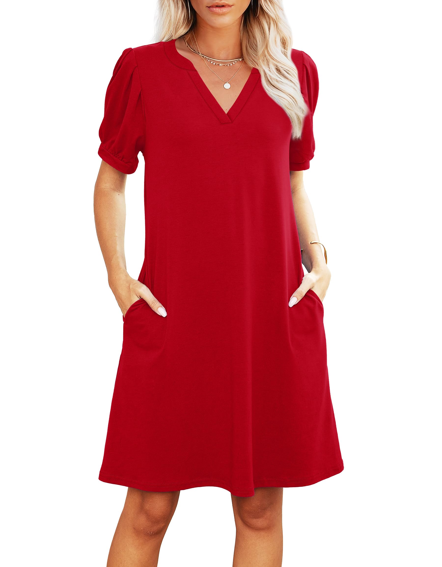 RUMIA V-Neck Summer Casual Sundress for Women- Short Sleeve Swing Beach Dress with Pockets (S-3XL)