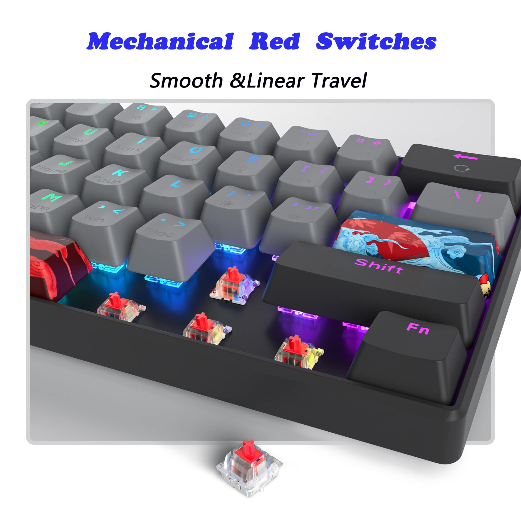 Teclado mecánico para juegos Protable, 60% por ciento, mini compacto RGB retroiluminado de 61 teclas, teclado de oficina con cable con interruptor rojo para Mac/Win/PS4/PS5/Xbox (interruptor