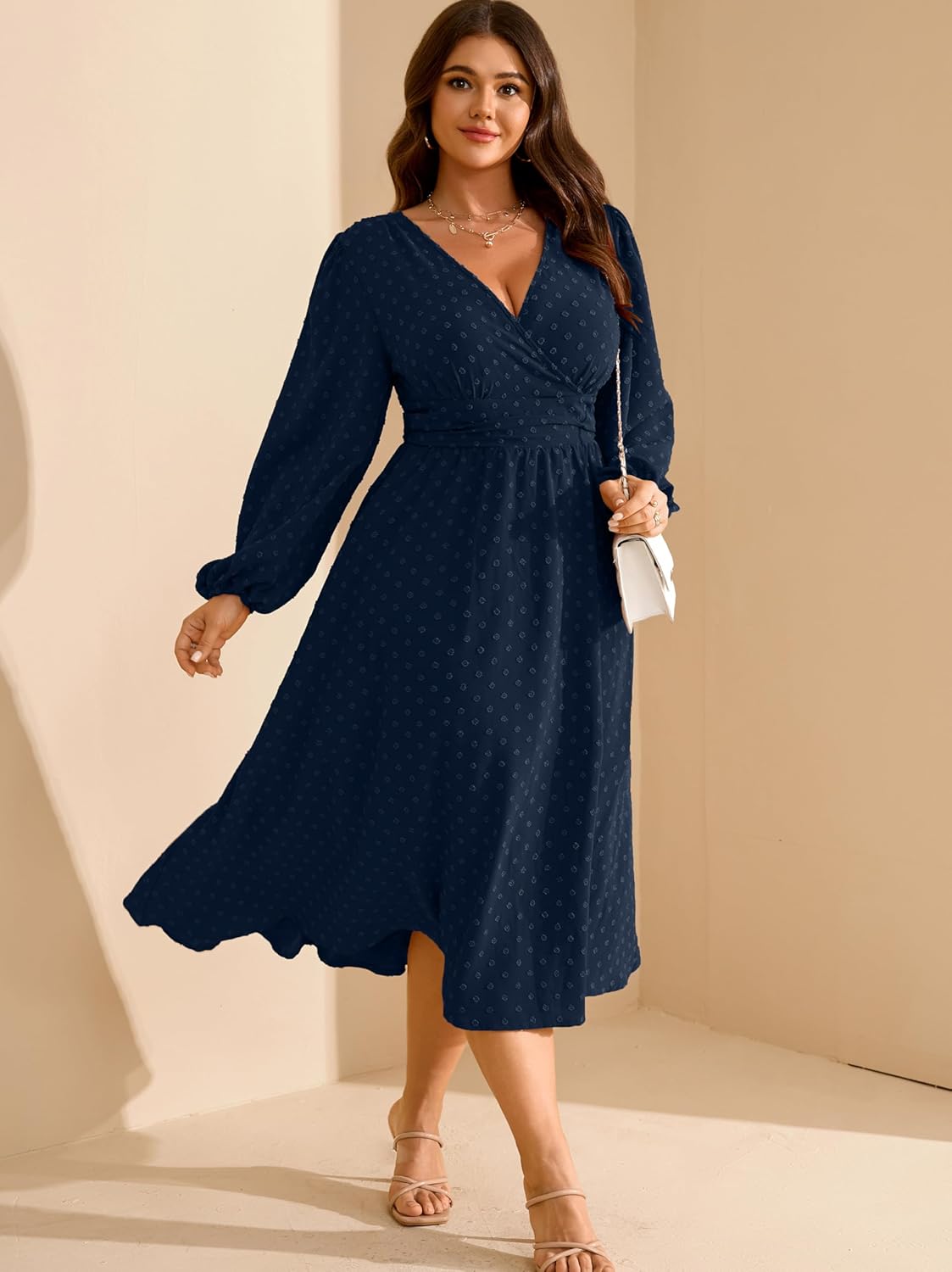 RWJ Women's Plus Size Fall Wedding Guest Dress Wrap V Neck Swiss Dot Lantern Long Sleeve Swing Boho Casual Dresses - Image 5