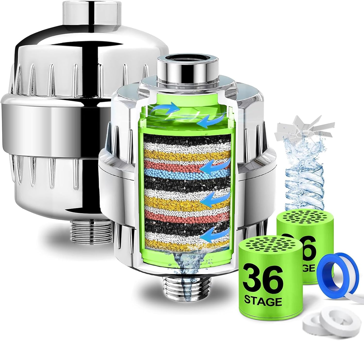 2 Pcs Shower Filter, 36 Stage Shower Head Filter for Hard Water,Heavy Duty Water Softener,Shower Showerhead Filter for Hard Water,Removes Chlorine,Fluoride, Vitamin C E A Infusion–Improves Skin & Hair