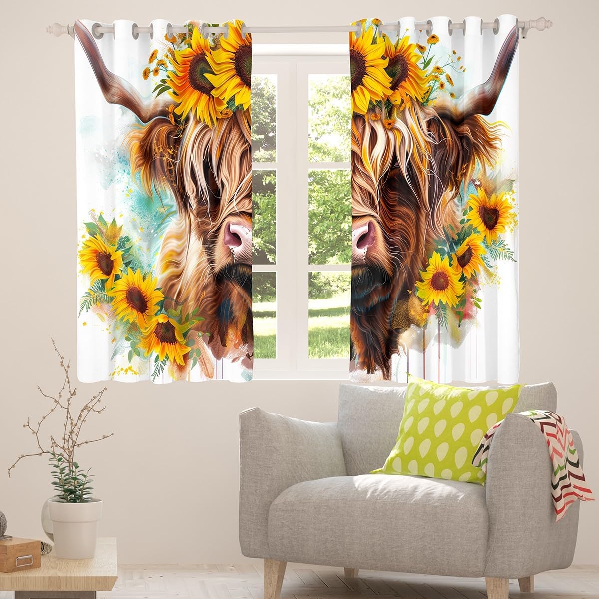 Manfei Highland Cattle Kids Blackout Curtain,Tie-dye Graffiti Sunflowers Window Drapes for Boys Girls,Bull Cow Wild Animal Rustic Brown Yellow Window Treatments Grommet Top 2 Panel Set,52Wx96L inch