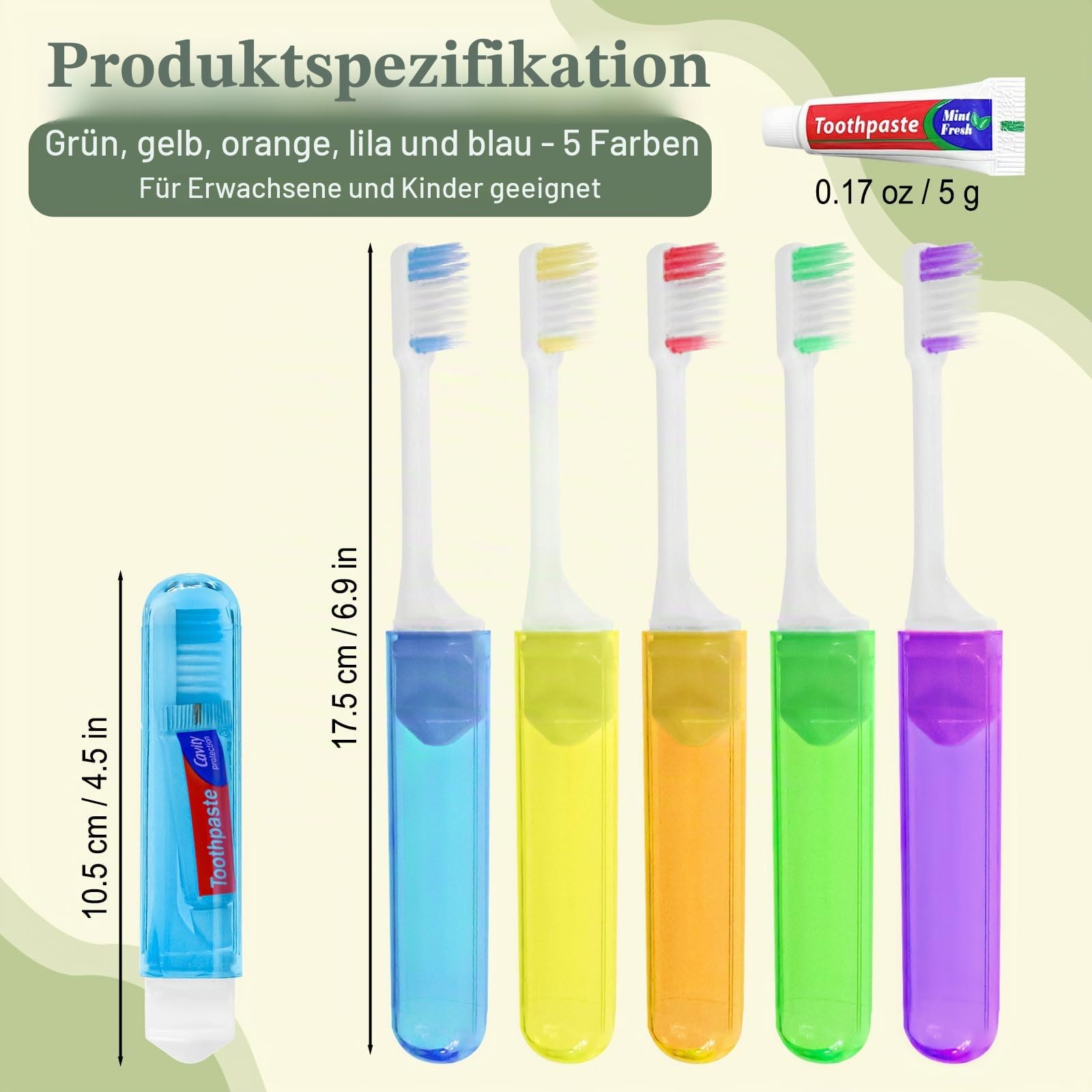 Reisezahnbürste, einzeln verpackt, 5 Farben, faltbare Aufbewahrung, Reisezahnbürsten-Set, geeignet für Camping, Hotels (100er-Pack)