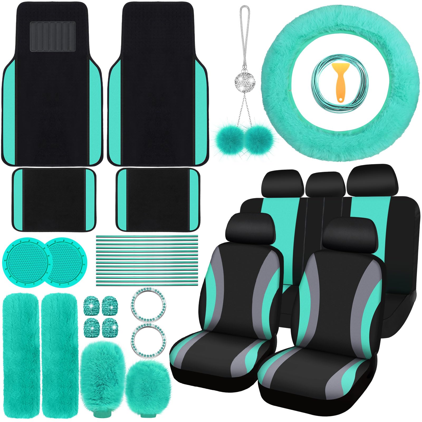 ROCEEI Set completo di 47 coprisedili per auto, accessori per auto, coprisedili anteriori e posteriori, soffici, coprivolante per cinture di sicurezza, tappetini decorativi per condizionatore d'aria