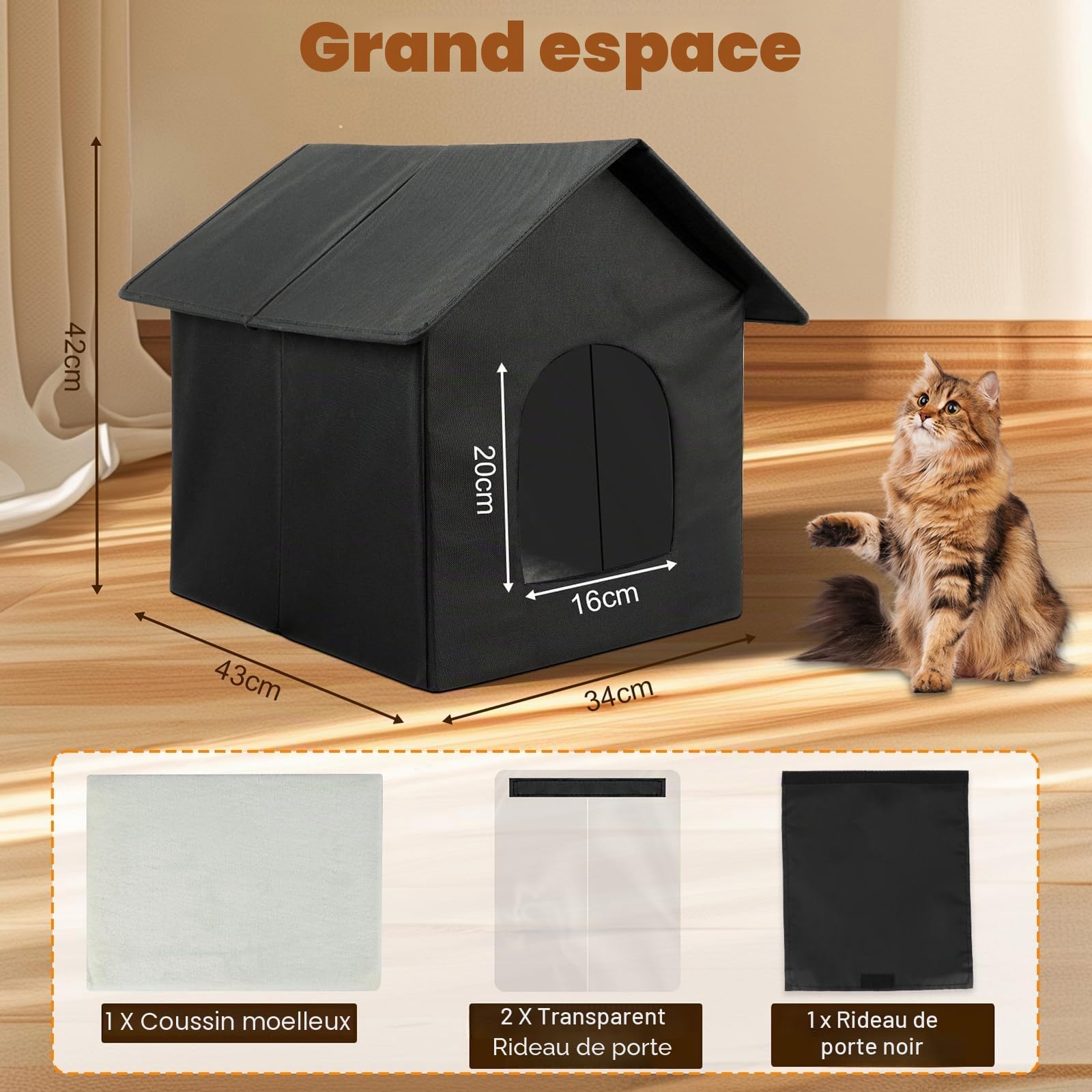 FHTONGE Maison Chat Extérieur Imperméable, Pliable Niche pour Chat Exterieur avec Coussin et Rideau Amovible, Cabane Chat Isolée pour Exterieur et Interieur Abri Chat pour Chats Animaux Errants