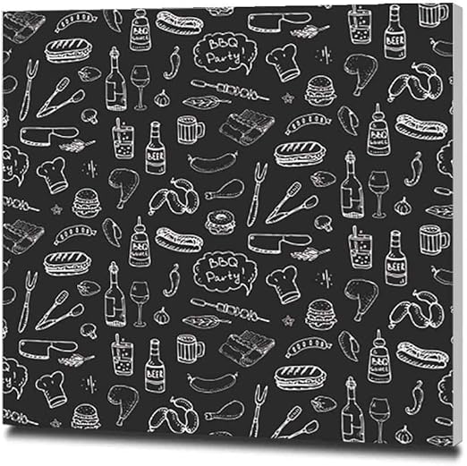 Amazon 手描き落書きバーベキューアイコンセットのシームレスパターンベクトルイラスト夏のバーベキューのシンボルコレクション漫画の食事 アートパネル おしゃれポスター 飾り絵 プレゼント リビング ダイニング 寝室 お風呂 オフィス バー 50x50cm飲み物 食材