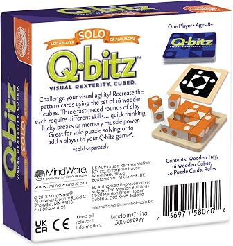 MindWare Q-bitz Solo Visual Puzzle Game, Fast Pattern Matching Logic Game with Cubes and Challenge Cards, Brain Building Activity for Kids Ages 8+, STEM Gift for Kids