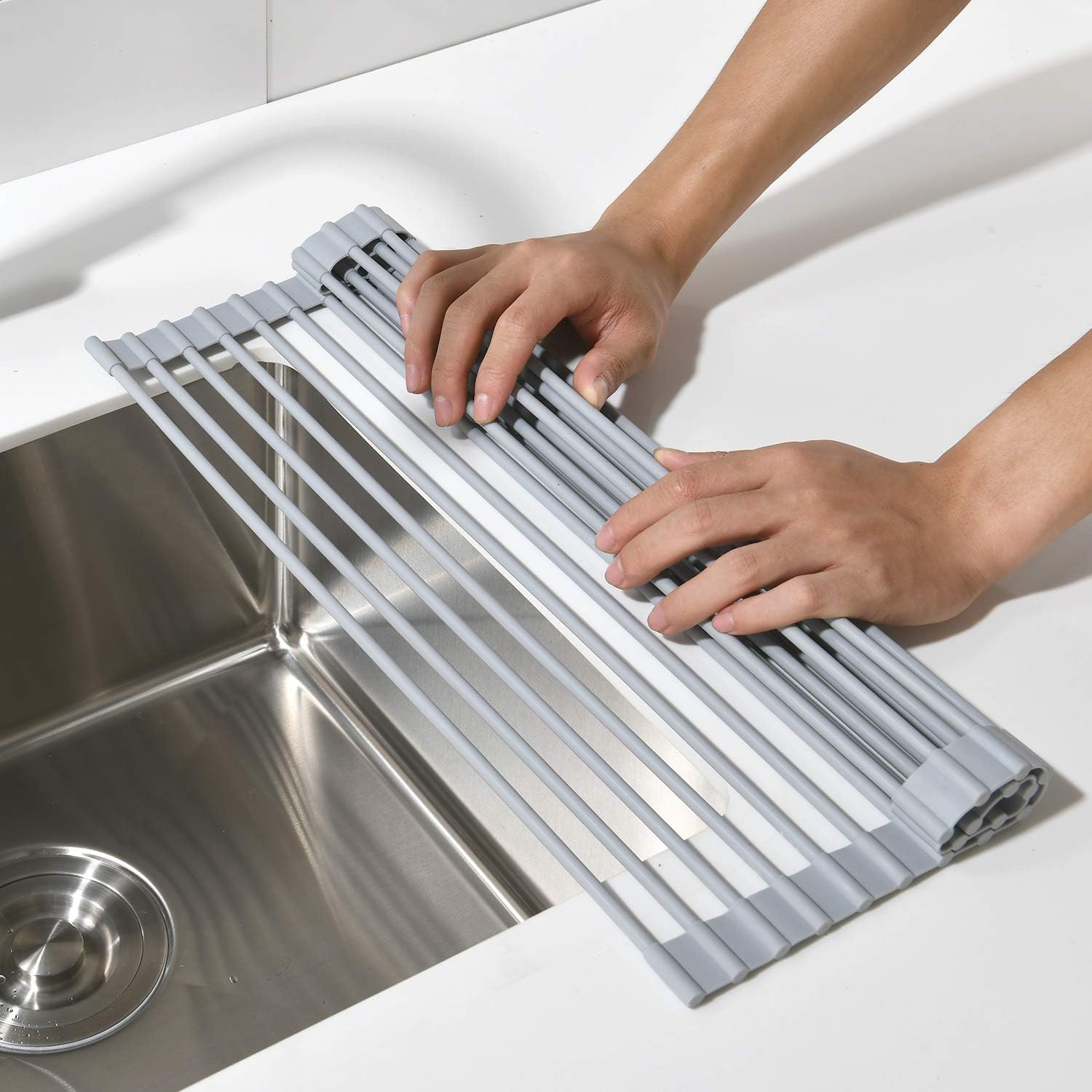 Roll Up Dish Drying Rack (16.9" x 12.9") Over The Sink Roll Up Dish Drainer Multipurpose Foldable Silicone Coated Steel Kitchen Sink Dish Rack