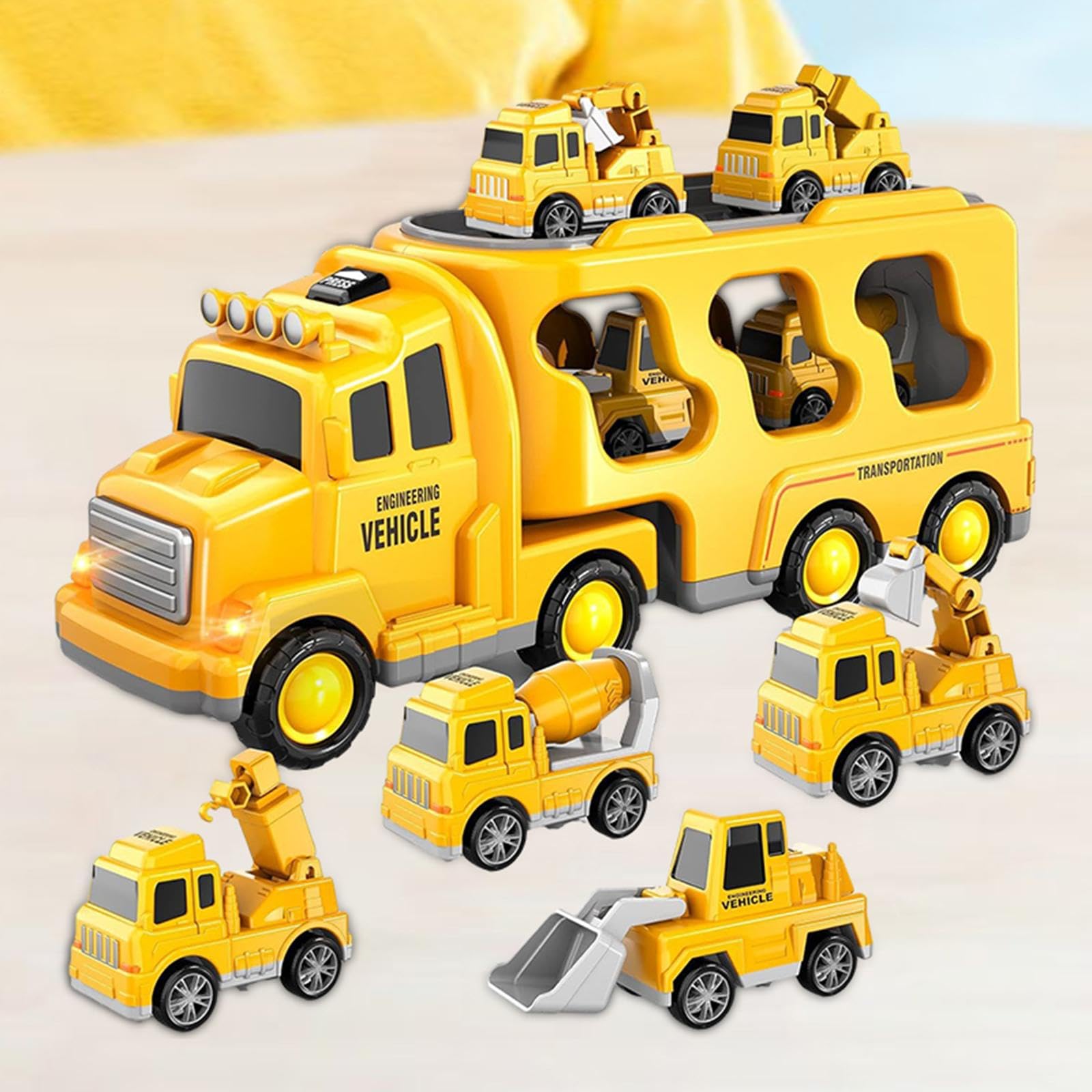 Qianly 7 Stück Feuerwehrauto Spielzeug Set Mini Friktionsfahrzeuge Transporter mit Licht Musik Notfallauto Trägerwagen Diecast Modellautos für Geschenk Kinde, Gelb