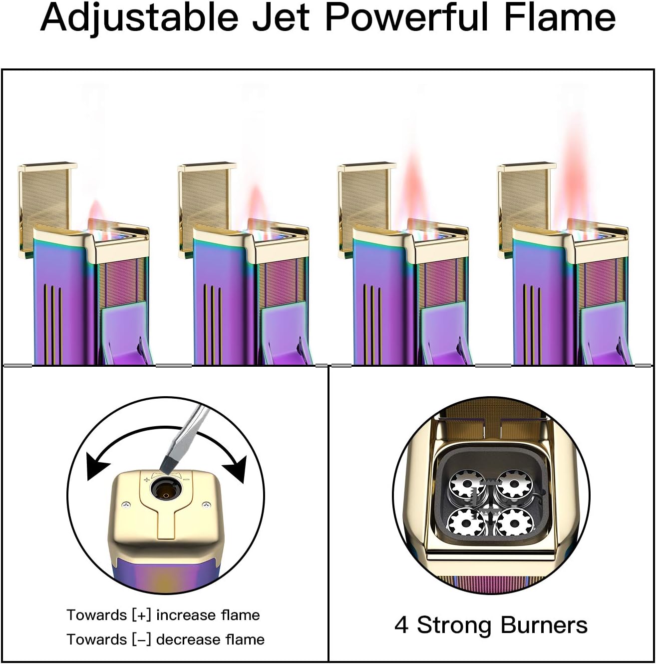 Torch Lighter with Punch Quad Jet Lighter Pink Flame Butane Torch Lighter Refillable Adjustable Gas Lighter with Fuel Visual Window Windproof Lighter for Men Women Gift (Butane Gas Not Included)