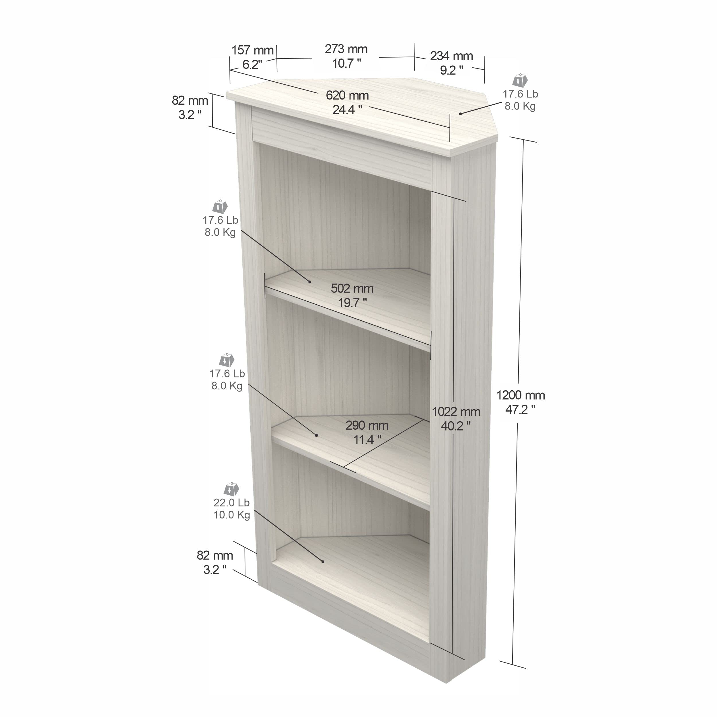 Inval 47" 3-Shelf Corner Bookcase, Washed Oak