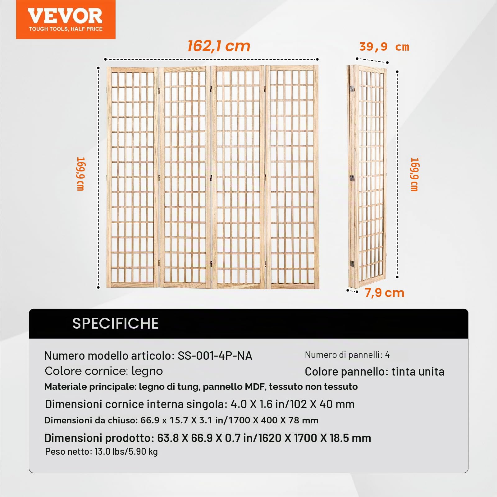 VEVOR Divisorio Giapponese per Privacy Divisorio Pieghevole, Schermo Decorativo Portatile per Separazione Spazio con 4 Pannelli Pieghevoli per Ufficio, Ristorante, Camera da Letto