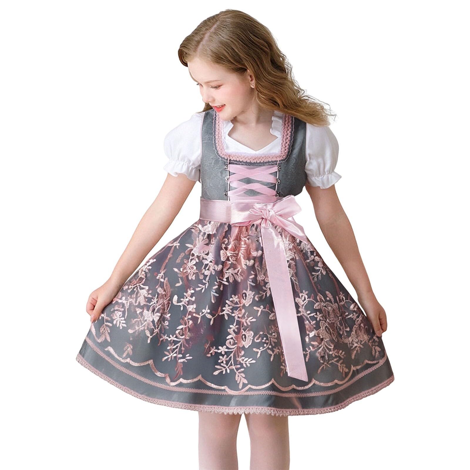 Dirndl Mädchen Kinder Midi Trachtenkleid 3-TLG Kinderdirndl Dirndlbluse Schürze für Oktoberfest Kirchweih Hochzeit Sonntagausflug Kostüm Kinder Bayerisches Bierfest Trachten Dirndlkleid