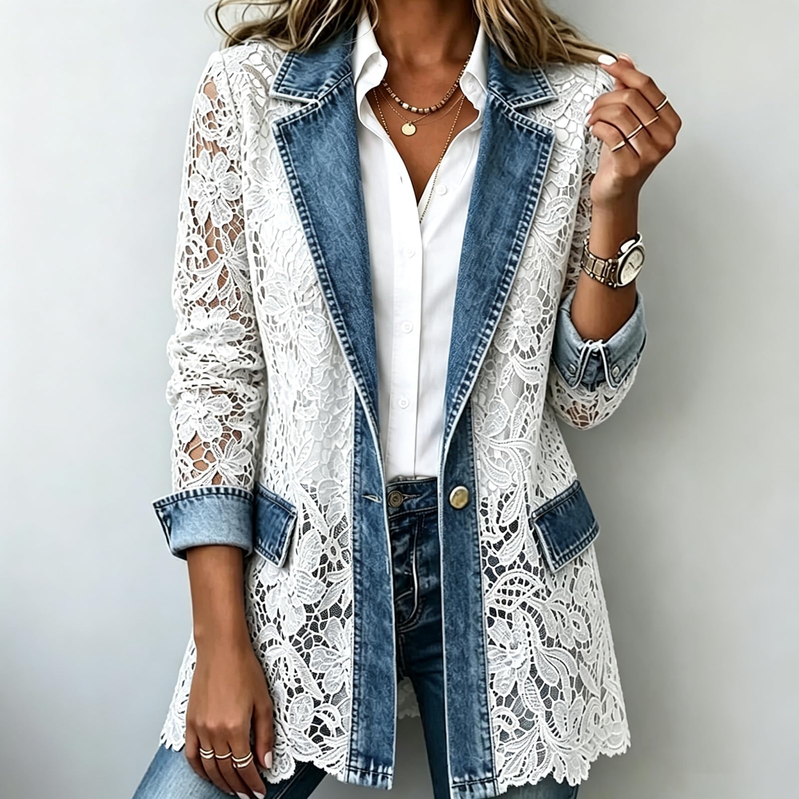 Generisch Jeansjacke Damen Mit Spitze Denim Jacket Patchwork Jeans Jacke