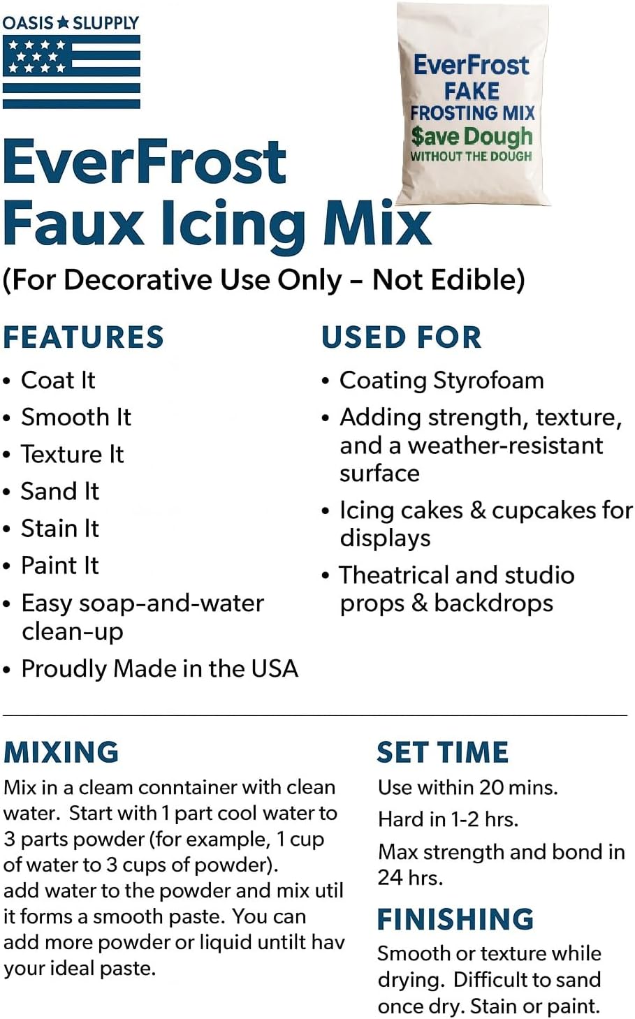 EverFrost Faux Icing Mix – Coating for EPS & XPS Foam Dummy Cakes, Cupcakes, Food Props & Fake Cakes – Smooth, Texture, Sand, Tint, Paint – Durable, Weather-Resistant Finish – Made in USA - 5 lb Bag