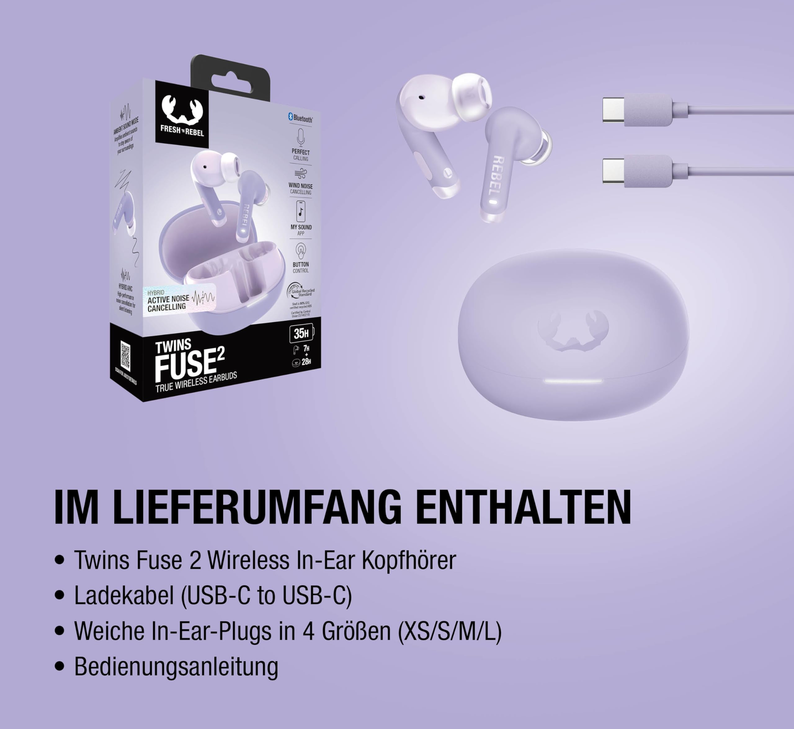 Fresh 'n Rebel Twins Fuse 2 Wireless In-Ear Kopfhörer Noise Cancelling - Klarer Sound - 36h Akku - Bluetooth 6.0-2 Mikrofone zum Telefonieren - Quick Charge - Spritzwassergeschützt (Dreamy Lilac)