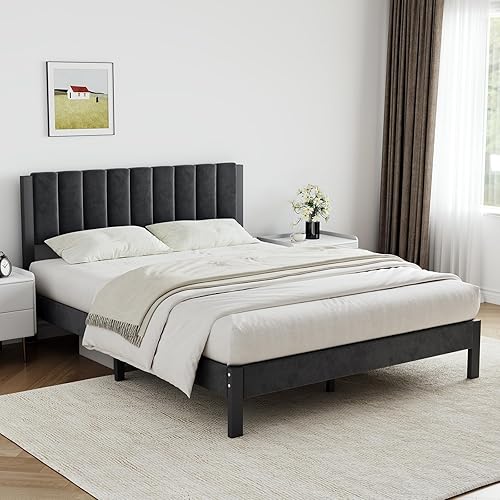Novilla Queen Bed Frame with Piano Keys Headboard and Footboard, Metal Platform Bed Frames Queen Size, No Box Spring Needed, Easy Assembly, Steel Slats Support, Velvet Black