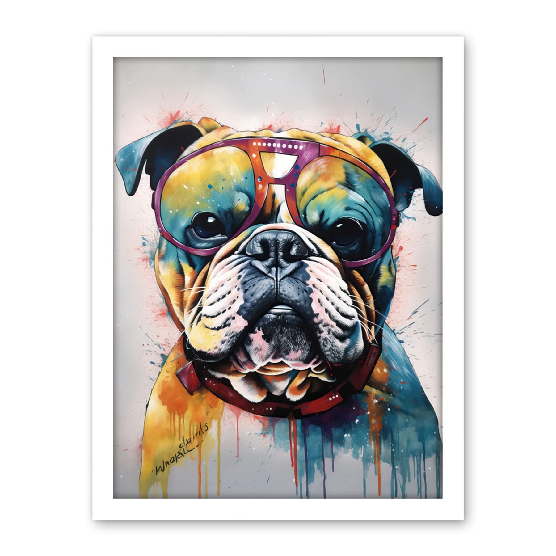 English Bulldog Vintage Sunglasses Wall Art Print - Framed Wall Décor Art - W18 x H24 inch