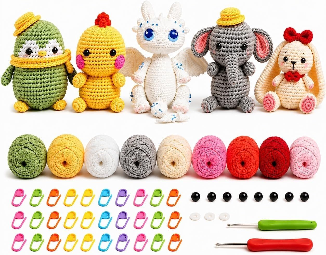 Trustiqo Crochet Kit for Beginners, 5 PCS Crochet Animals Starter Kit for Kids & Adults, Complete DIY Crocheting Kit with Yarn, Crochet Hooks, Needle Felting Tools & Punch Needle Supplies