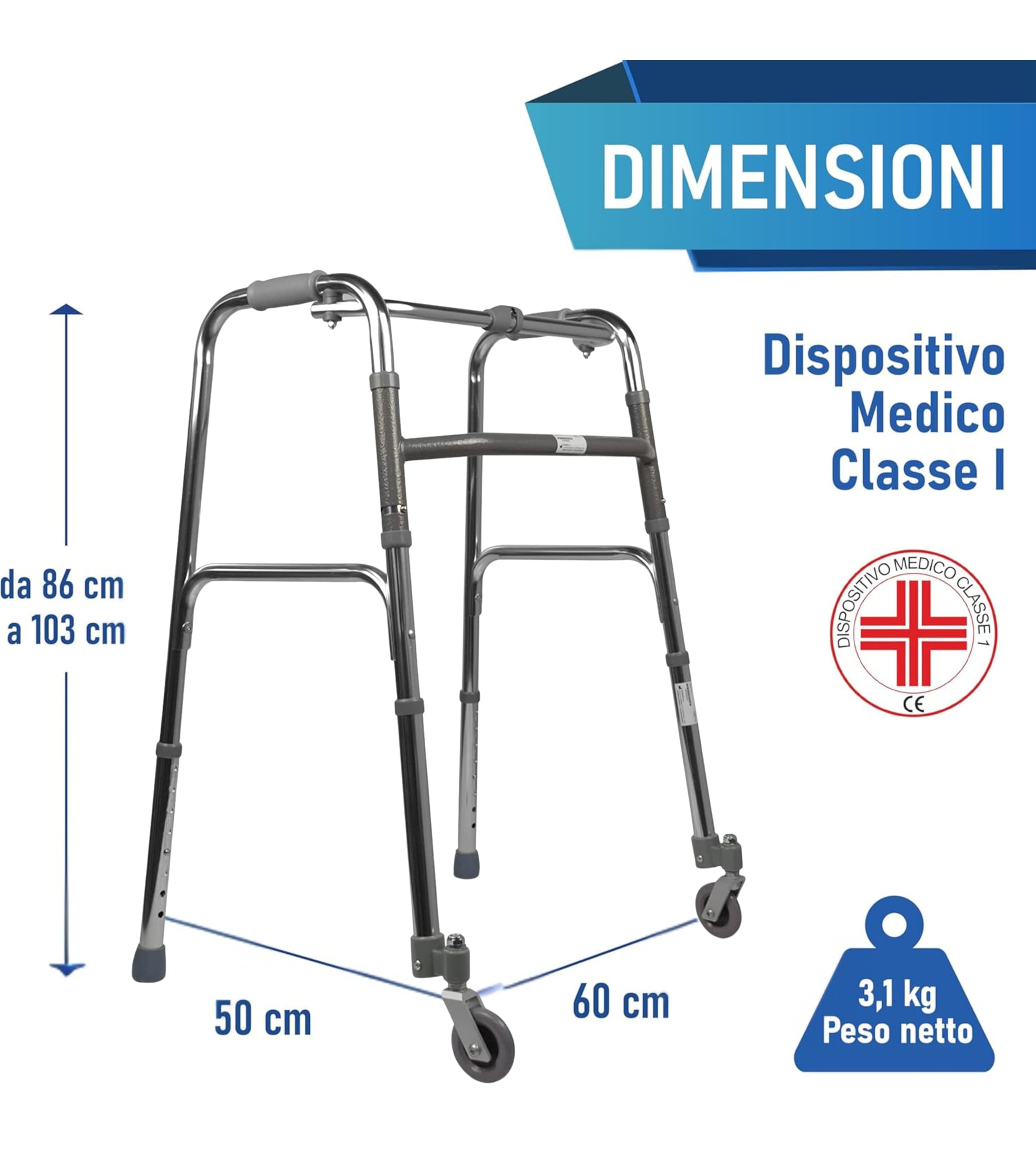 App Life Deambulatore per Anziani in Alluminio Leggero 2 Ruote Piroettanti - Dispositivo medico di classe I - Pieghevole Regolabile in Altezza - Girello per Anziani