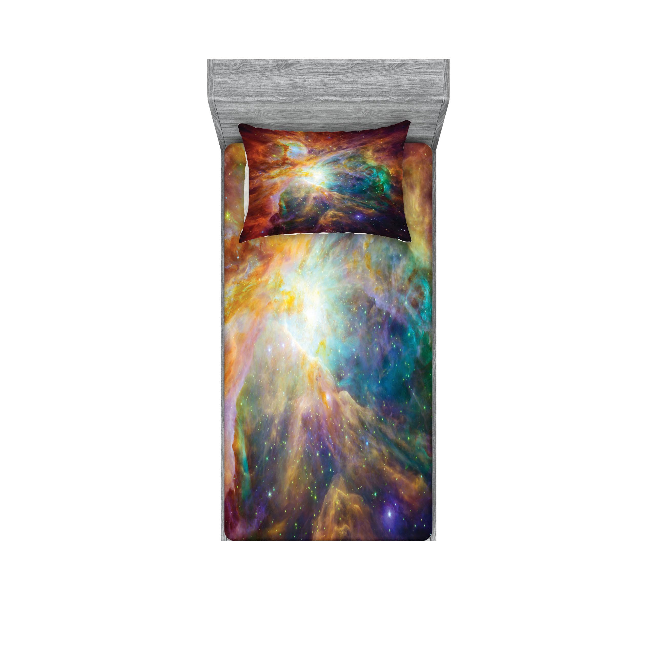 Ambesonne Outer Space Fitted Sheet & Pillow Sham Set, Universe Themed Composition with Stars and Nebula Space Dust Colorful Space, Decorative Printed 2 Piece Bedding Decor Set, Twin, Amber Purple